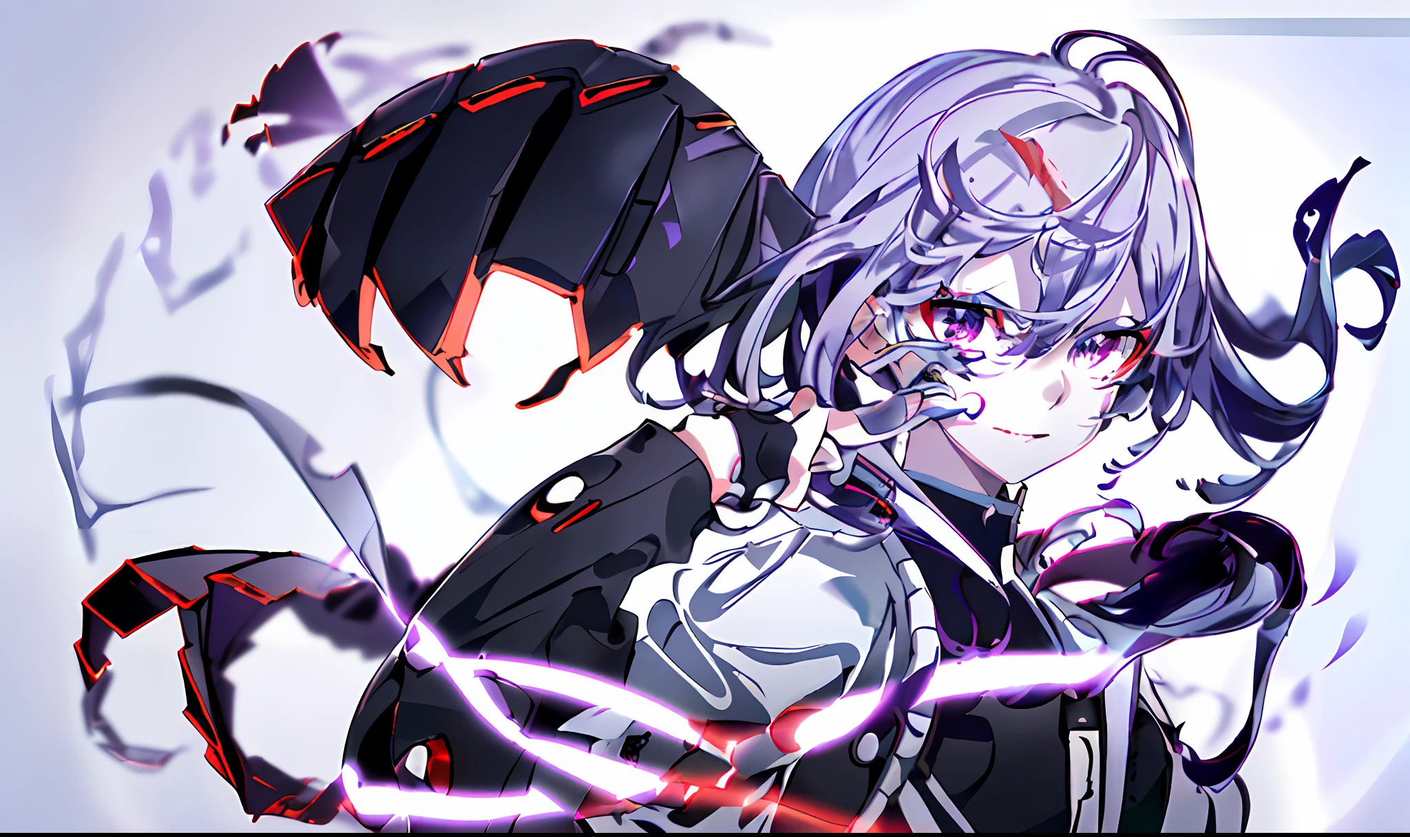 Boy (Masterpiece, High Quality: 1.4), (, Black Hair, (White Purple Hair), Red and Black Eyes, Half Face Mask|, Purple Eyes, Black Clothes, Blade Tentacles), Mechanical Stripes, (Full Body)), (Dynamic Pose), Close-up, Black Background, Thrilling, (Fierce Face), Powerfu...