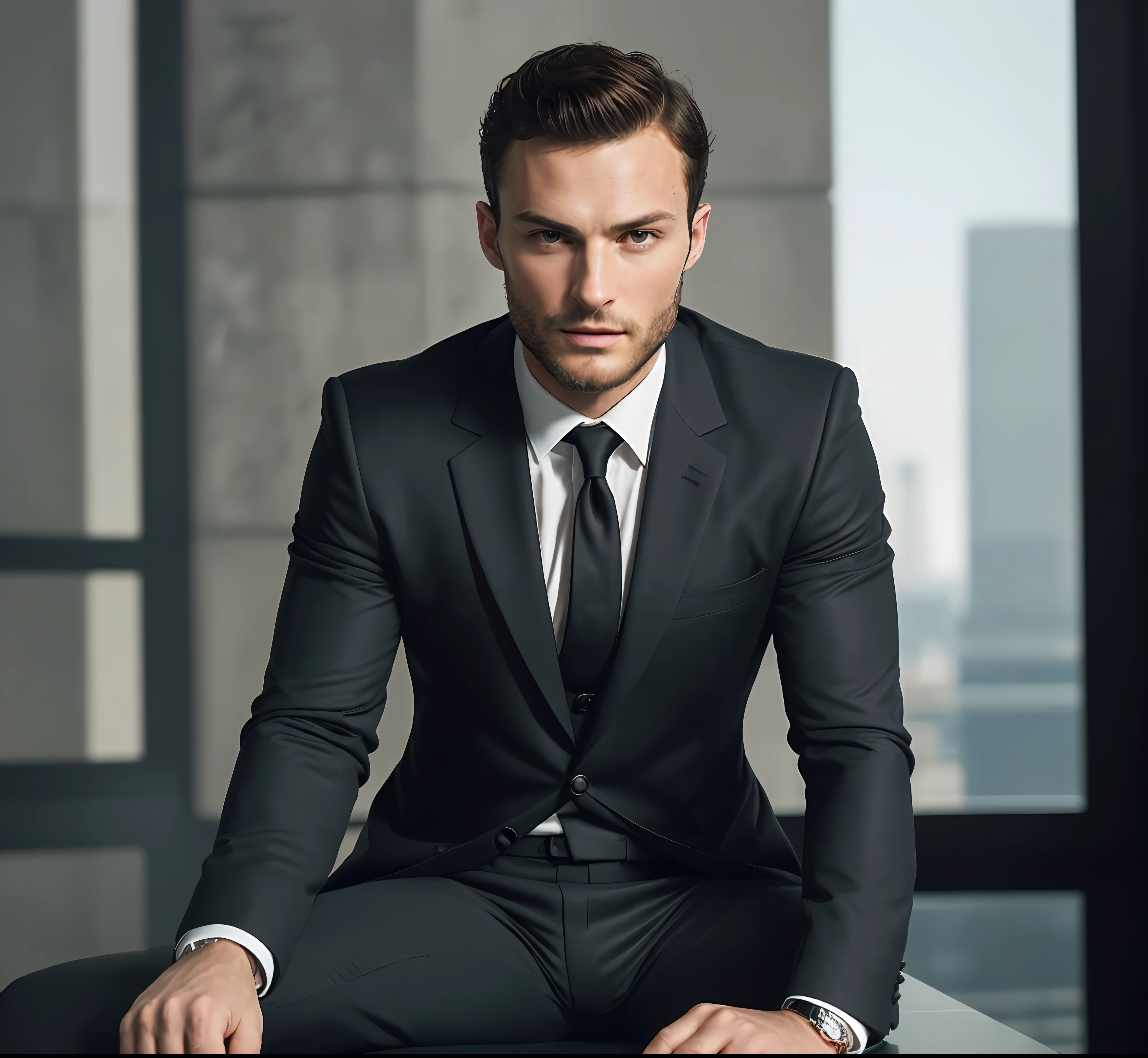 (create a ceo wearing black suit without tie), (brunette tanned with model face), with thick and masculine eyebrows, man style secret agent 007, ( wearing beard, ) short dark hair, stylish and elegant, body shaved and strong fit in the suit, show body, man similar to actor jamie dornan, (high quality and realistic image), in the background of the image city of london,  cinematic style, ((Best quality, 8k, Masterpiece).