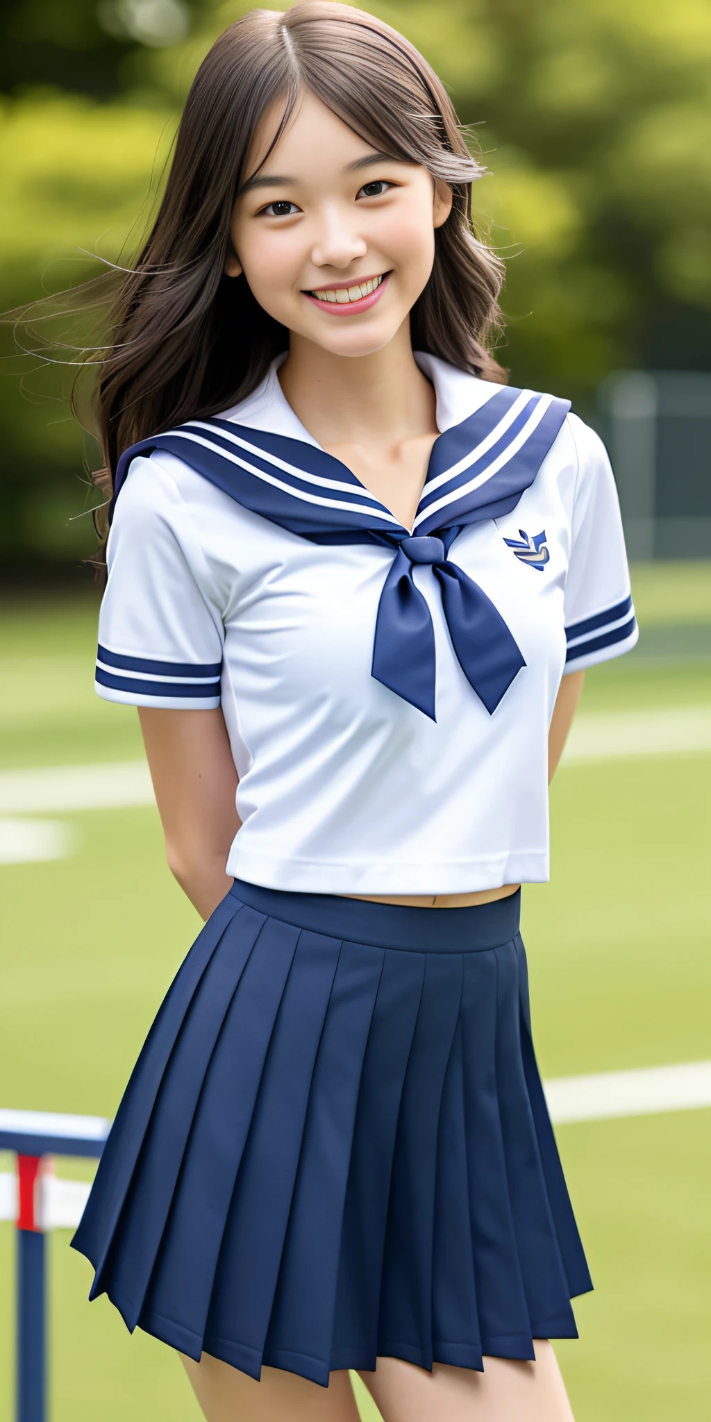 neat college girl, (school uniform, sailor uniform, ribbon tied at chest, summer clothes, upper body white, skirt dark blue, short sleeves), outside the athletic field, (slim), photorealistic, detail, skin texture, ultra detail, delicate and sexy collarbone, smile, super detailed face, detailed lips, detailed eyes, double eyelids, small breasts, small breasts, small, flat breasts, breast emphasis