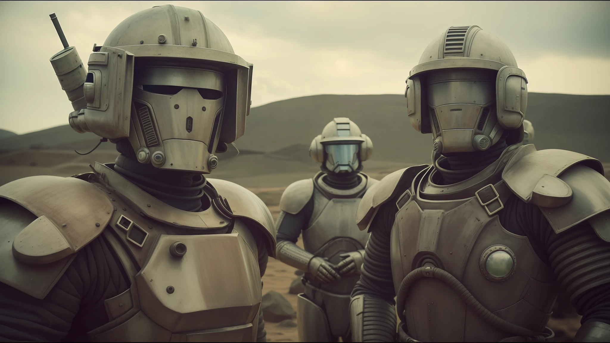 there are two men in armor next to each other, from the Doctor Who series, sideburns, large planets in the background, gray rubber jumpsuit, cinematic color grading, Ron Perlman, three heads, machinarium characters, corrected faces, Denmark, 3 heads, cinematic photography, by Wes Anderson, miners, colony