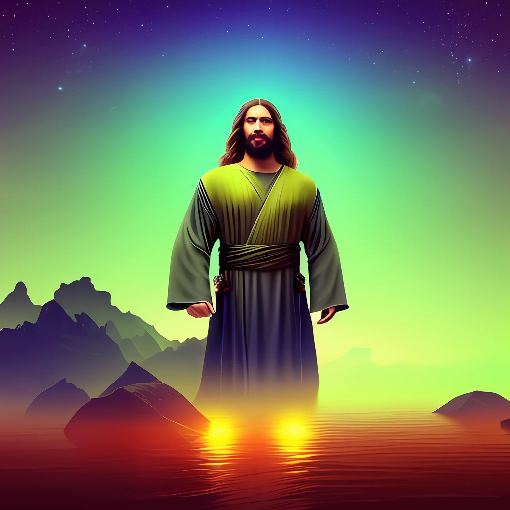 cover, hyper-detailed painting, luminism, bar lighting, complex, conceptual art portrait in 4k resolution by Leonardo Da Vincie, isometric details of bioluminescent fractals: Jesus Christ, man, 30 years old, long hair, close cut beard ((((bass))) , calm and humble countenance, wearing a white tunic (((without extravagant adornments))), humble, gentle, whole body, perfect framing, whole body, face in the best possible perfection,  hands in the best possible perfection, in a beautiful and calm environment.