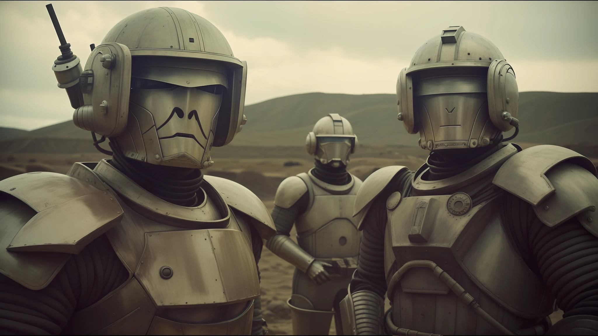 there are two men in armor next to each other, from the Doctor Who series, sideburns, large planets in the background, gray rubber jumpsuit, cinematic color grading, Ron Perlman, three heads, machinarium characters, corrected faces, Denmark, 3 heads, cinematic photography, by Wes Anderson, miners, colony