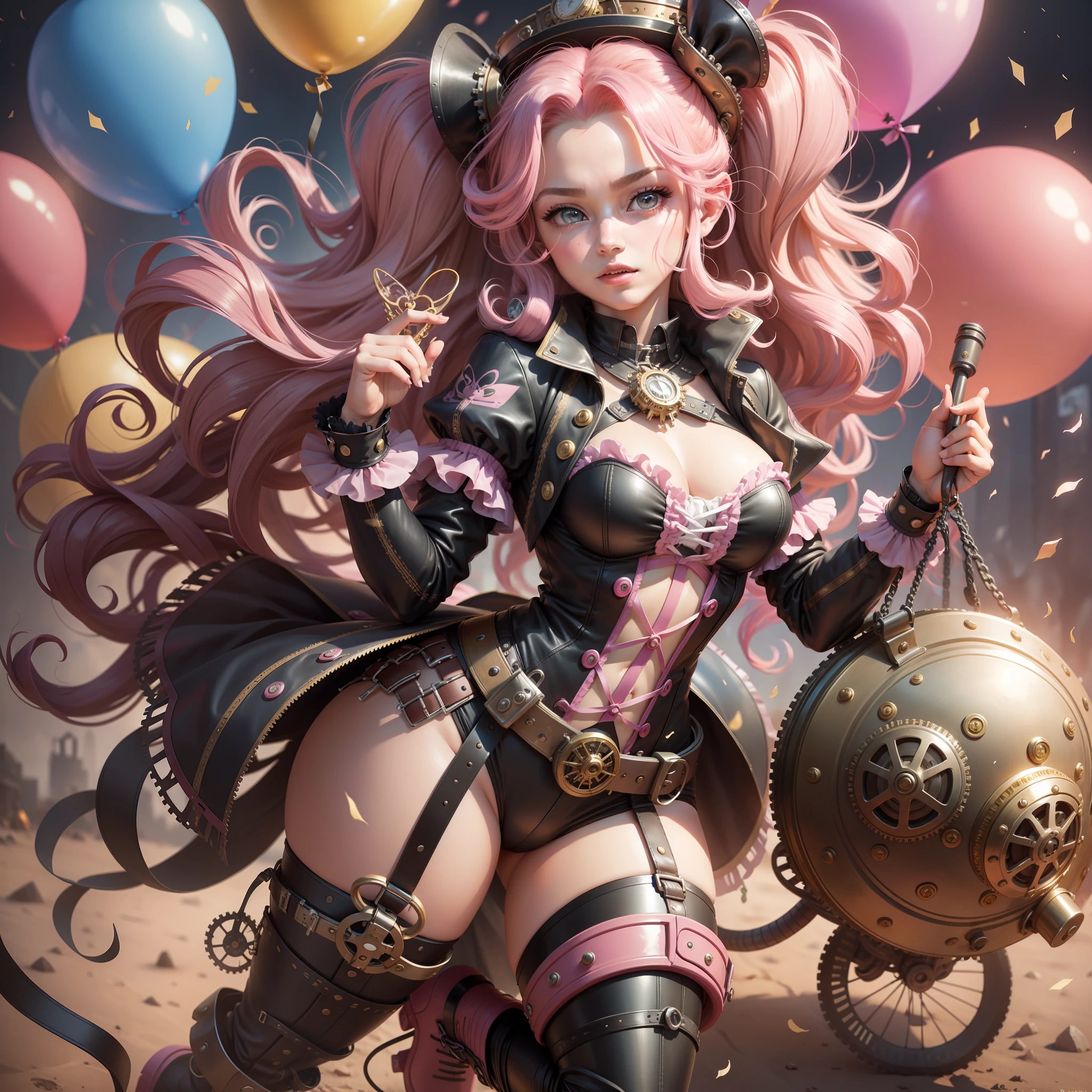 Pinkie Pie, Pinkie Pie from my little pony, Pinkie Pie in the form of a girl, long hair, lush hair, cuffy hair, curly hair, steampunk, steampunk machinery body, gold gears, not human, gear leather, pink boots, pink suit, a lot of balloons, balloons, full-length, steampunk style, happy, best quality, very detailed, ultra 8k resolution