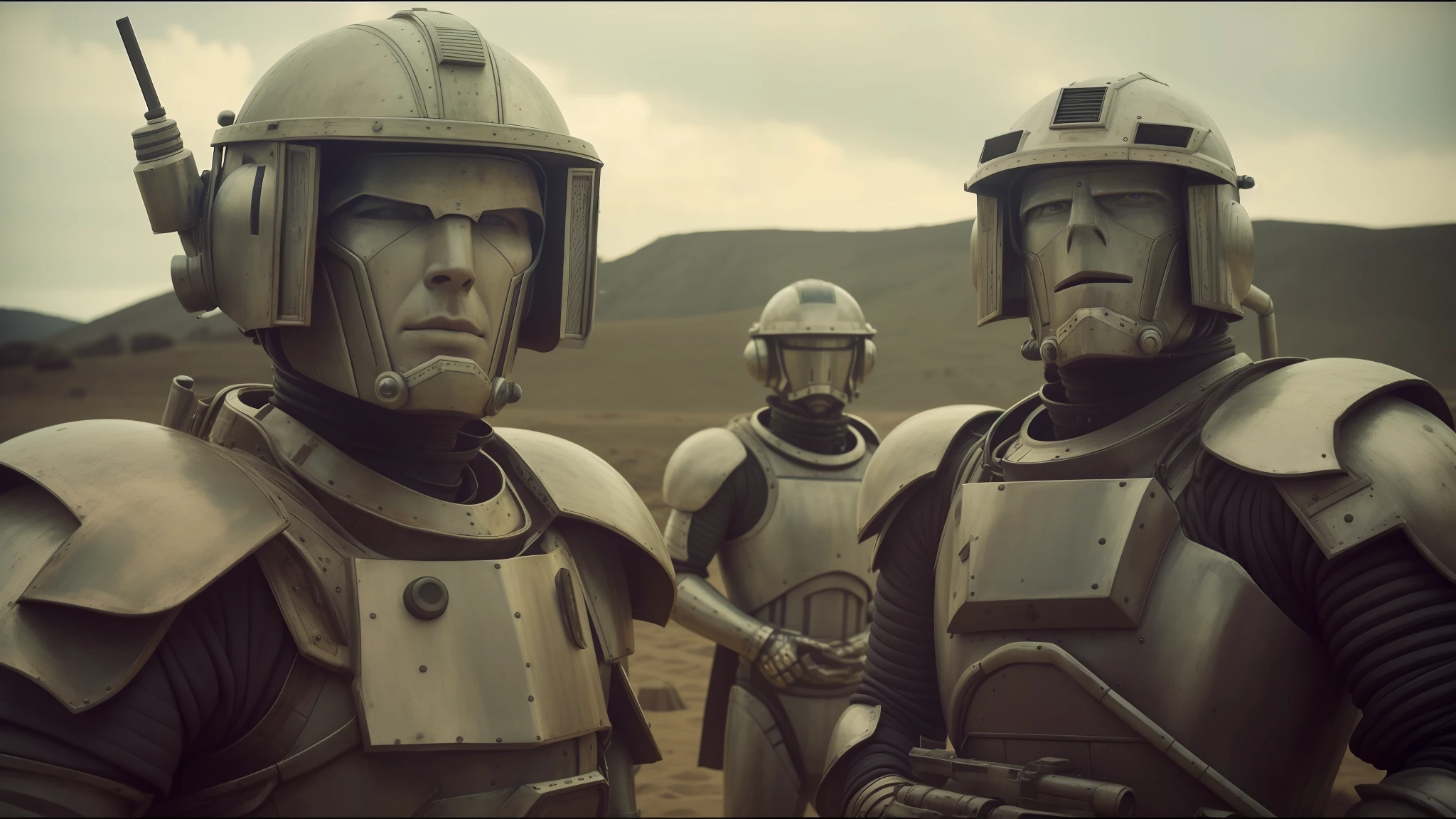 there are two men in armor next to each other, from the Doctor Who series, sideburns, large planets in the background, gray rubber jumpsuit, cinematic color grading, Ron Perlman, three heads, machinarium characters, corrected faces, Denmark, 3 heads, cinematic photography, by Wes Anderson, miners, colony