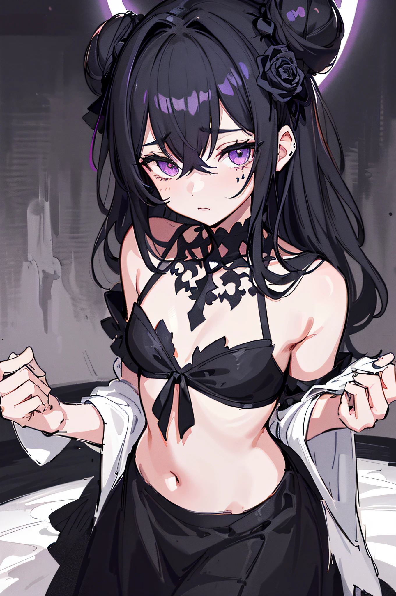 (Masterpiece)), ((Best Quality))), ((Ultra Detailed)), ((Illustration)), ((Messy Hair)), Lens Halo, Depth of Field, Baby, Half Bun, Purple Eyes, Black Hair, Gaze, Chiffon Dress, Hair Flower, Hair Bow, Cross Necklace, flat_chest, {{{Masterpiece}}, {{Best Quality}}}}, illustartion, {{Beautiful Detail Girl}}}, {{Black Magic}}, Solo, ((((Beautiful Detail Lighting)))),Beautiful Detail Eyes,((((Messy Hair)),{{Beautiful Detail Dress}}}},midriff,{{Girl}},((((Dark Side)))),{{{Bust}}}}},{{{watercolor_(middle)}}}}}, All Black Bloomers, Flowers, Hollow Eyes, Hollow Night, Hollow Knight, {{{Chains}}}}, Dark Souls, Deep Sea Ship, Deep Darkness, Darkness, {{ {{girl}}},{{small breasts}}},Death Garden,{{{{emotionless eyes}}}},{{{cthulhu}}},((extremely detailed dark clouds))))),{{Very detailed CG Unity 8k wallpaper}}},((Very detailed face)))),(Jitome)))),(dark_persona)))),{{ruins}},{{{{Beautiful tail shadow}}},((rose), (vine), blood, (Sketch), (Painting), Red Rope, (Sketch), (Painting)