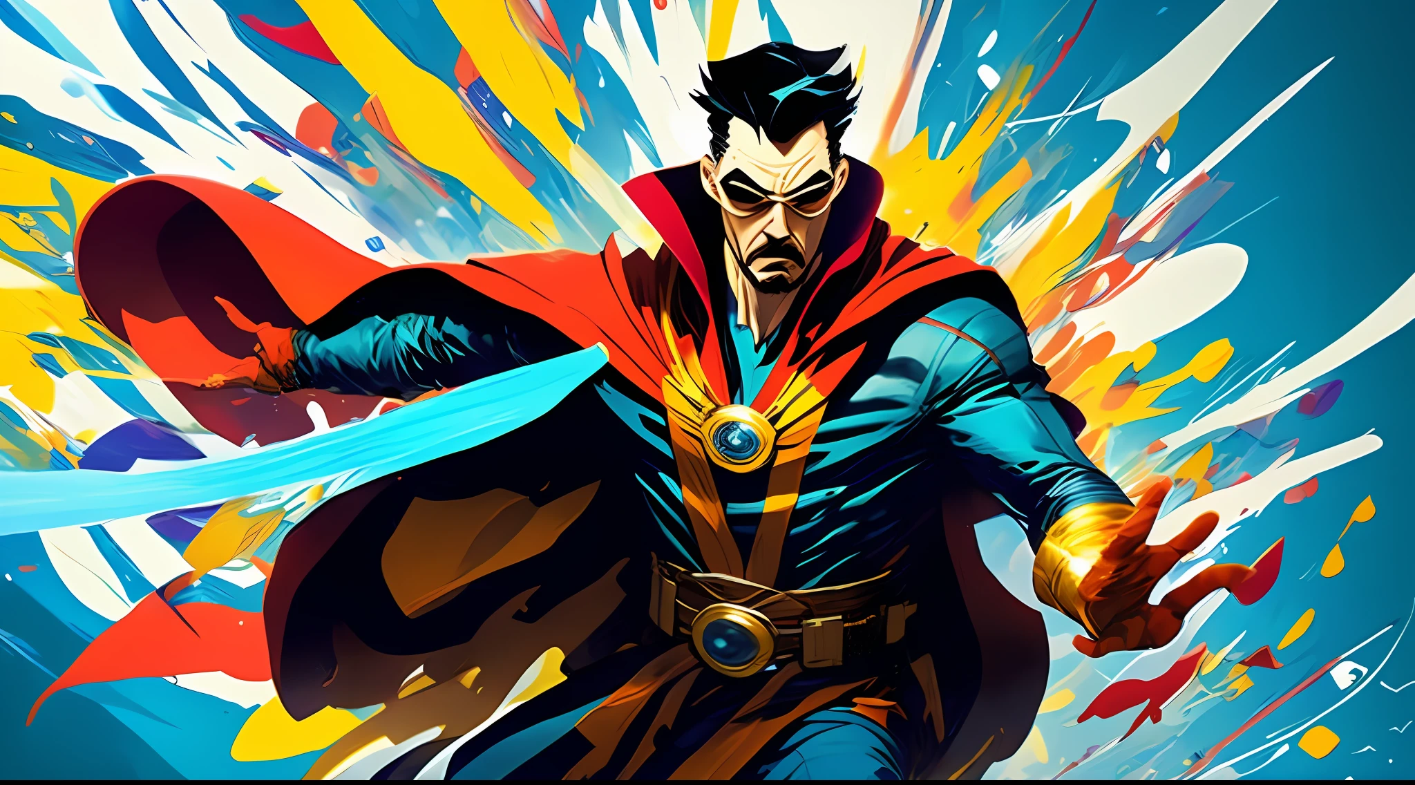 super hero dr strange in action post blurry background 3d render Pixar stylemodel made of Hiroaki Takahashi art ultra perfect composition,  3d liquid detailing fluid acrylic by Greg Tocchini, James Gilleard, Joe Fenton Kaethe, Butcher Bosch, Dan Mumford, Kandinsky art style [collage] [splatter] [streak] [crop] [cut] hands