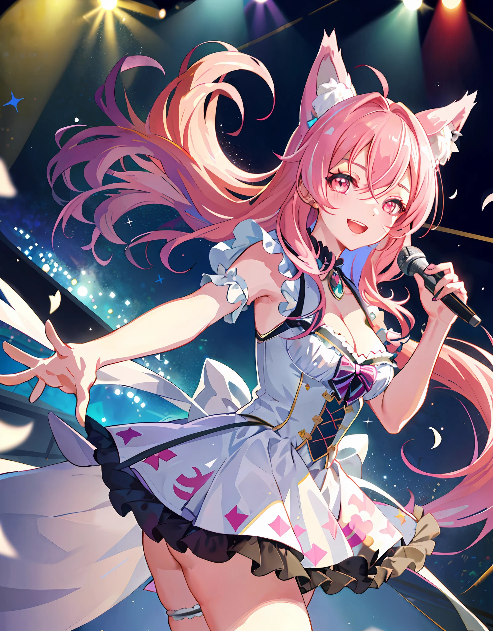 Anime, Perfect Human Hands, Super Detailed Human Fingers, Dynamic Angle, Upper Body, One Girl, Smile, Wolf Ears, Wolf Tail, Pink Eyes, Hair Between the Eyes, (((((Wink)))), D Cup, Cleavage, Striped Hair, ((Colorful Hair Color: 1)))), Variegated Hairstyles: 1, Twin Tails, Ultra-Detailed Gradient Hair, Idol Costumes, Professional Designer, Ruffled dress, Love Live, Jewels, Backstage, Best Stage, Climax, Professional Stage, (((Holding the microphone with your left hand and singing emotionally, overflowing emotions, best smile))), Singer, Vocalist: 1, Idol, Diva, Professional stage, Professional lighting, Live lighting, Distracting, Fan Service: 1, (Satellite photo seen from the audience)))), (((Panchira, cute panties)))