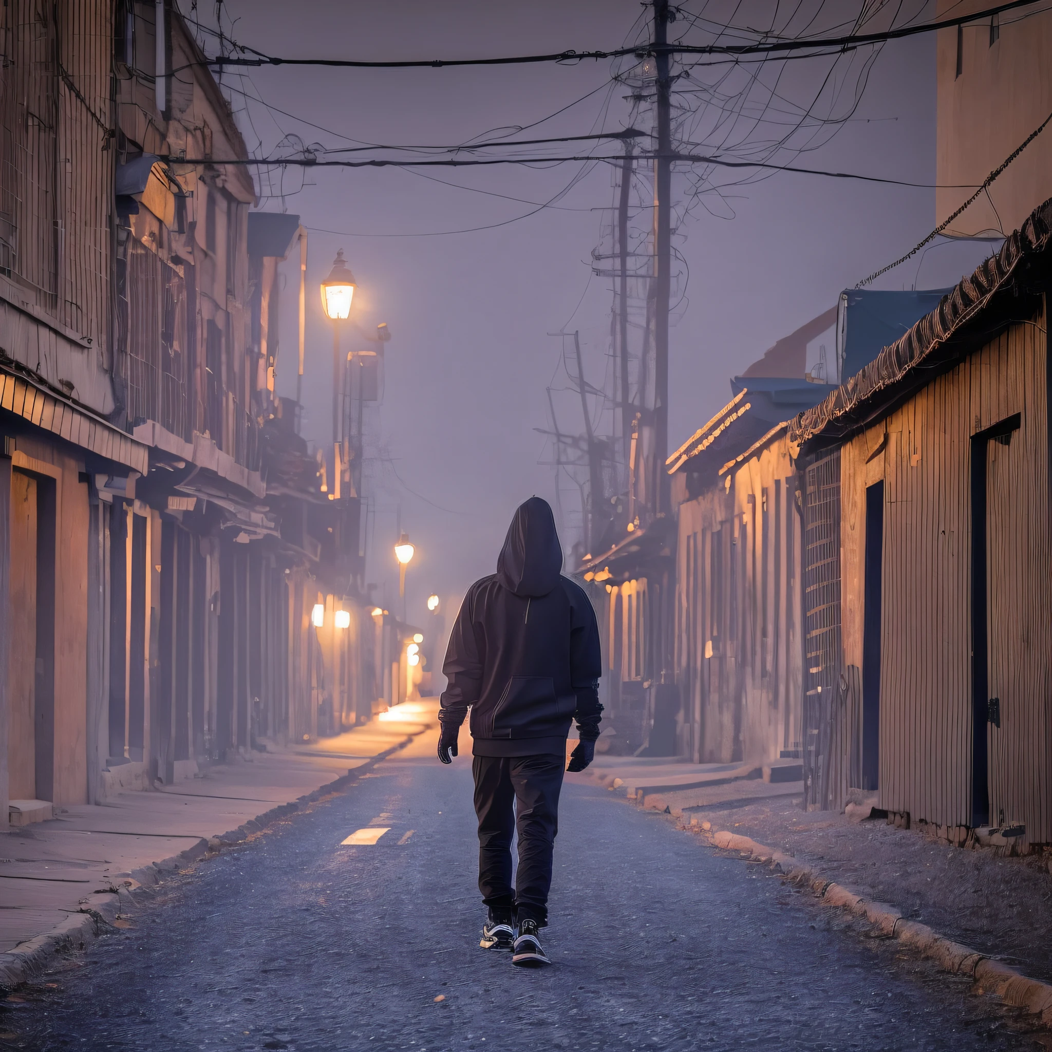 Black sweatshirt, black gloves, ear cap, back, walking on the dark night road. --auto --s2