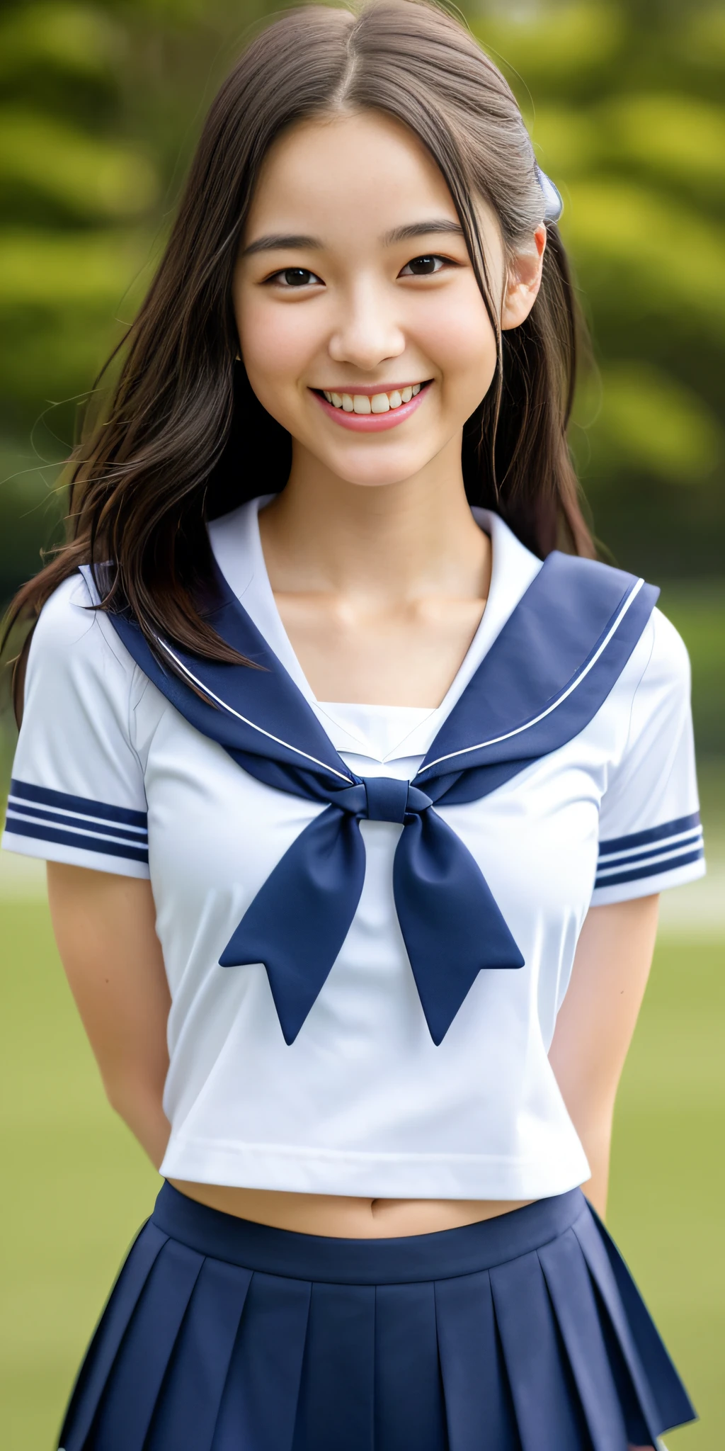 neat college girl, (school uniform, sailor uniform, ribbon tied at chest, summer clothes, upper body white, skirt dark blue, short sleeves), outside the athletic field, (slim), photorealistic, detail, skin texture, ultra detail, delicate and sexy collarbone, smile, super detailed face, detailed lips, detailed eyes, double eyelids, small breasts, small breasts, small, flat breasts, breast emphasis