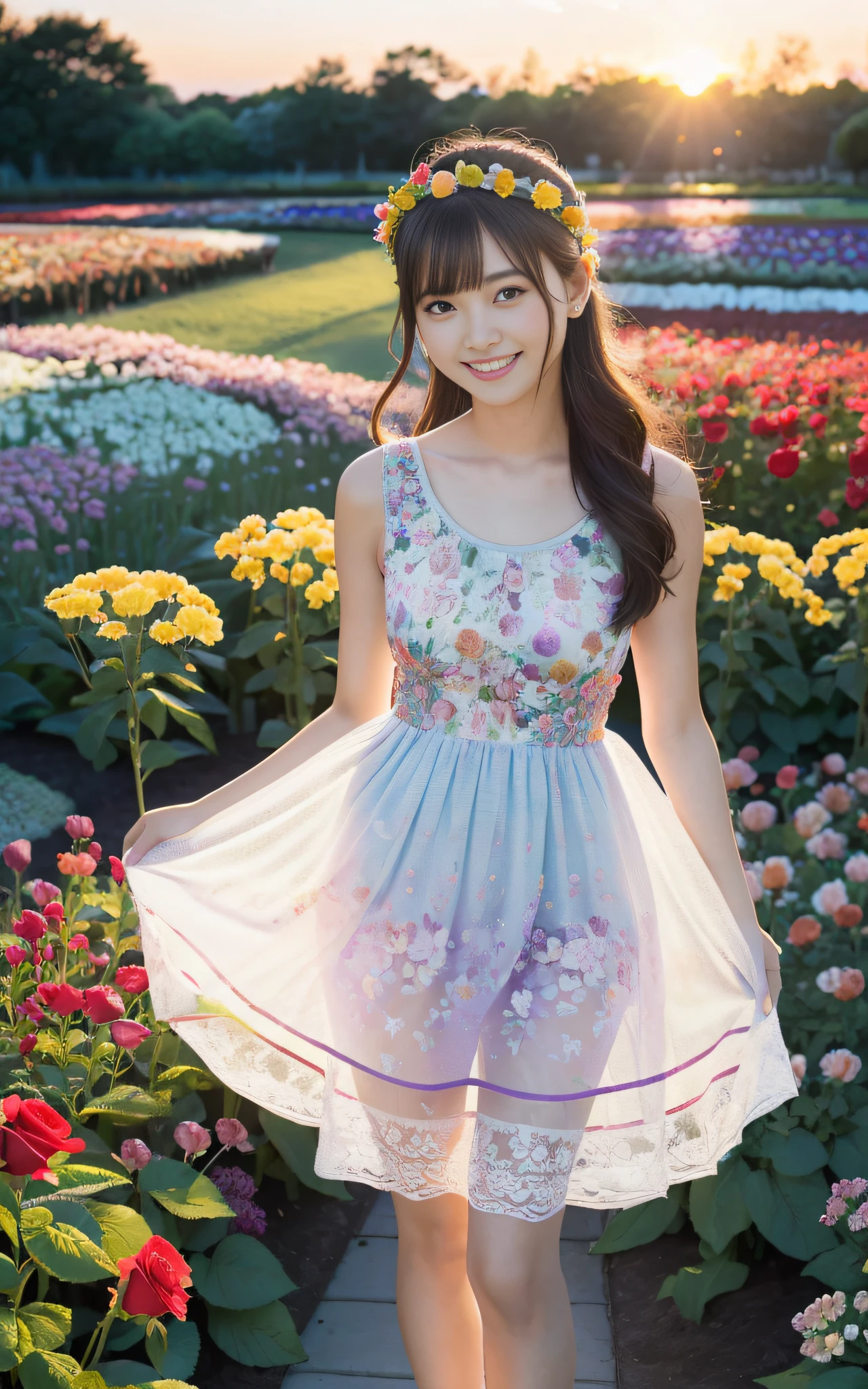 Full body photo,((((Slim body)))),20 years old、Twilight rays、Underwear showing through,Sheer summer dress、Flower crown,((Tokugawaen))), rose front bokeh, Bokeh, Photorealistic, surrounded by colorful roses,((Smiling)))),(1 girl), (Sunset:1.3), (8k, RAW photo, Best quality, Masterpiece:1.2), (Real, Photorealistic:1.37), Best Quality, Ultra High Definition, (Standing in the Flower Garden:1.3), (Vibrant and Colorful:1.3)