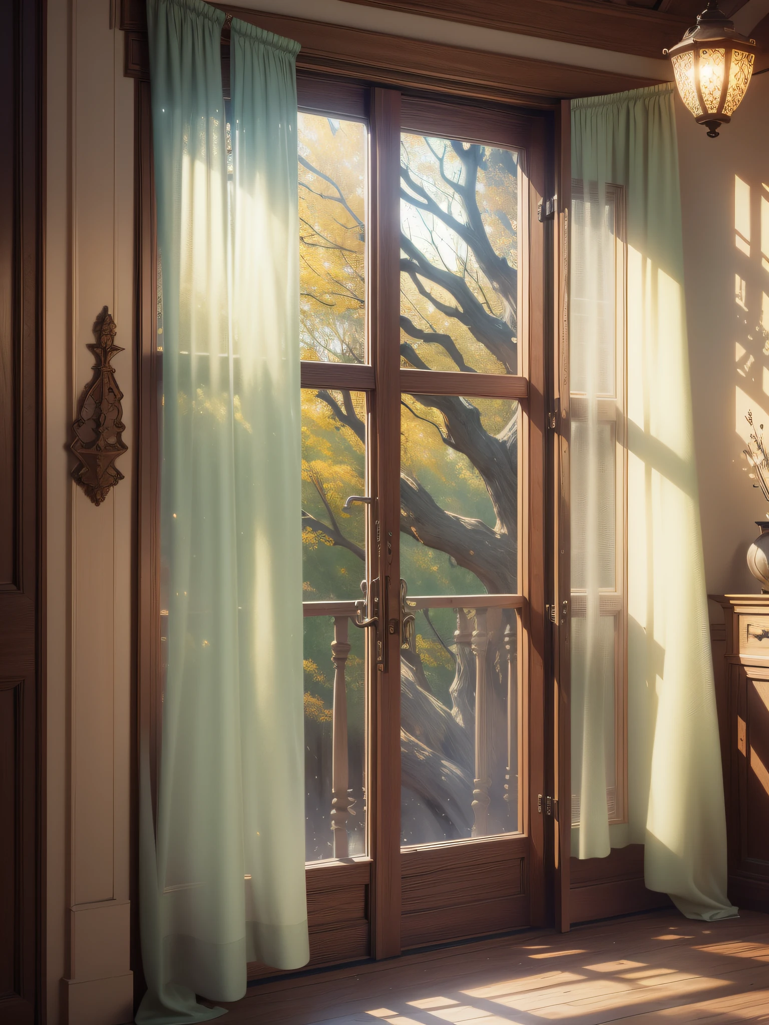 This wooden antique window is opened, hanging silk curtains blown by the wind on the sides, (((masterpiece))), best quality, light tracing, glitter, super realistic CG unity 8k wallpaper, close-up