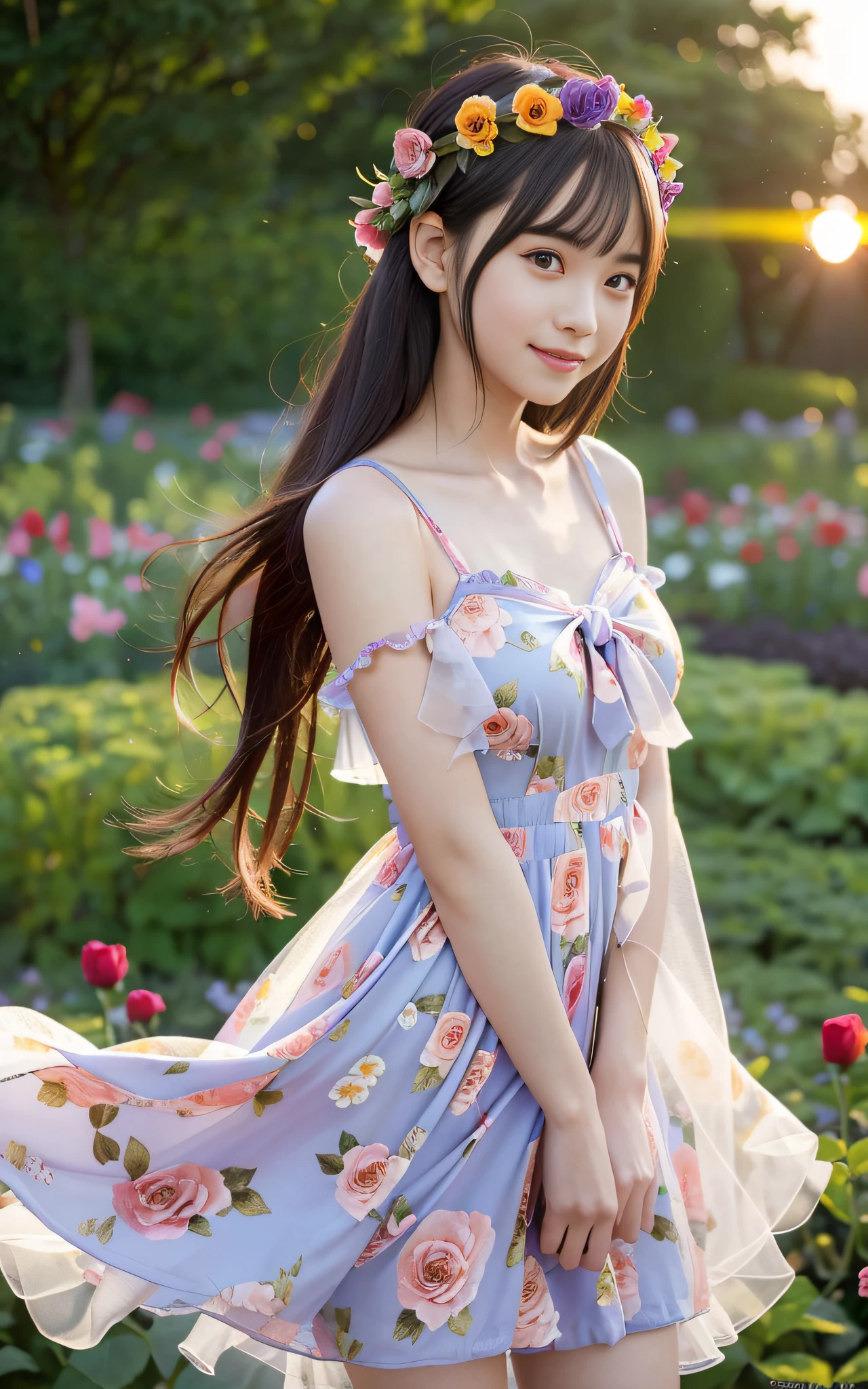 Full body photo,((((Slim body)))),20 years old、Twilight rays、Underwear showing through,Sheer summer dress、Flower crown,((Tokugawaen))), rose front bokeh, Bokeh, Photorealistic, surrounded by colorful roses,((Smiling)))),(1 girl), (Sunset:1.3), (8k, RAW photo, Best quality, Masterpiece:1.2), (Real, Photorealistic:1.37), Best Quality, Ultra High Definition, (Standing in the Flower Garden:1.3), (Vibrant and Colorful:1.3)