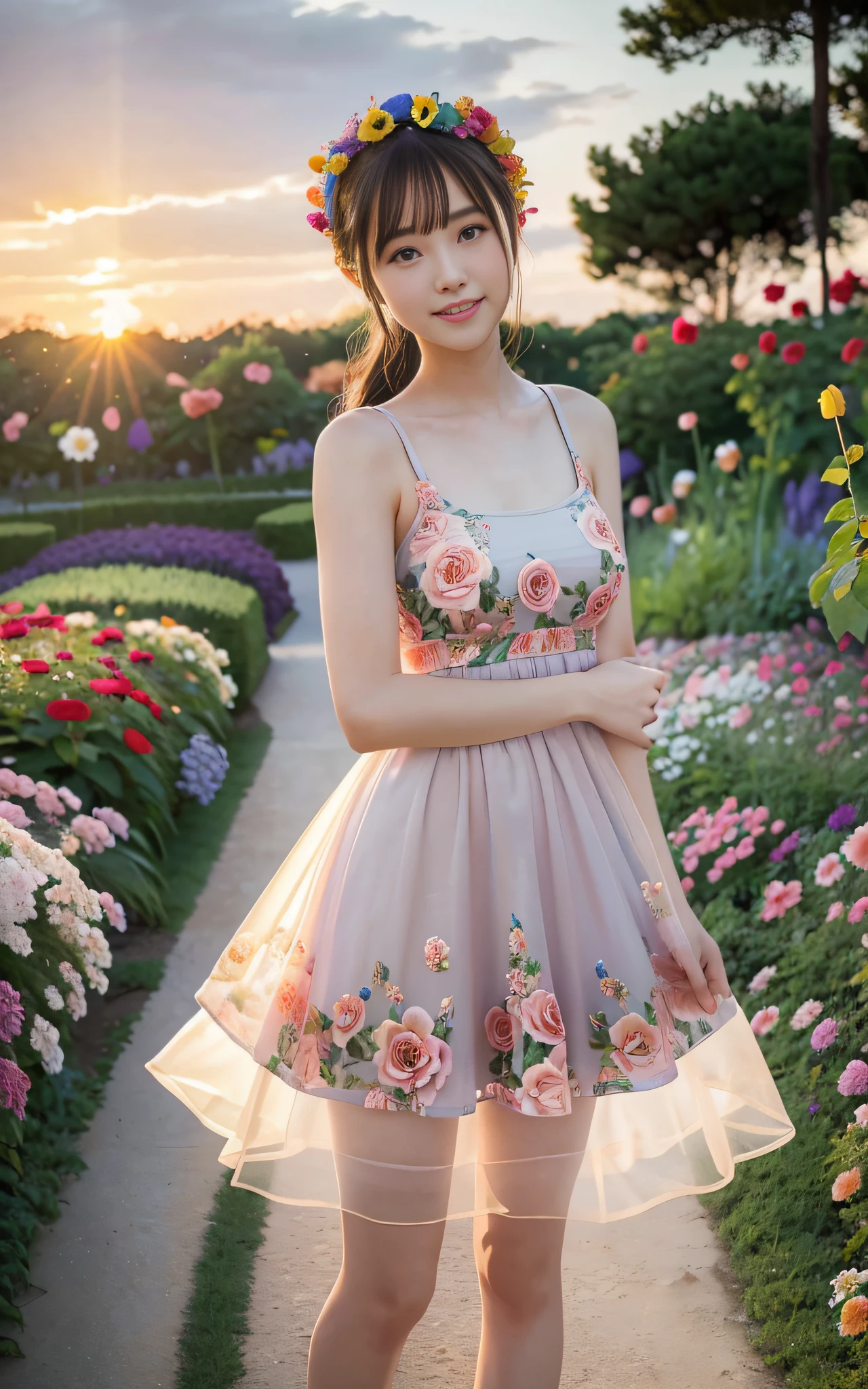 Full body photo,((((Slim body)))),20 years old、Twilight rays、Underwear showing through,Sheer summer dress、Flower crown,((Tokugawaen))), rose front bokeh, Bokeh, Photorealistic, surrounded by colorful roses,((Smiling)))),(1 girl), (Sunset:1.3), (8k, RAW photo, Best quality, Masterpiece:1.2), (Real, Photorealistic:1.37), Best Quality, Ultra High Definition, (Standing in the Flower Garden:1.3), (Vibrant and Colorful:1.3)