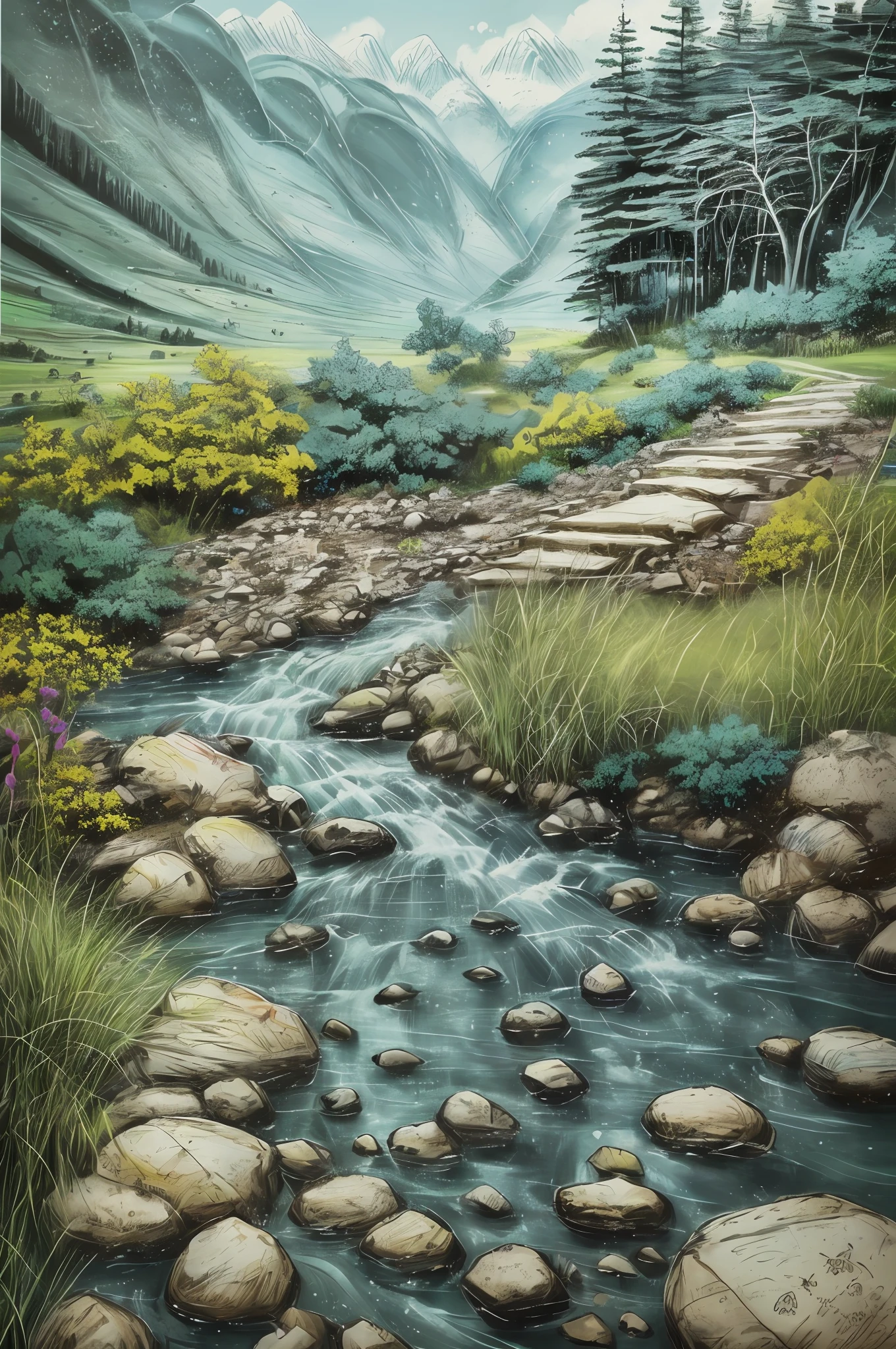 (masterpiece, best quality, high quality, extremely detailed CG Unity 8k wallpaper), landscape, outdoor, flower, cloud, sky, no man, mountain, landscape, water, tree, rain, waterfall, cliff, nature, lake, river, award winning photography, bokeh, depth of field, HDR, flood, chromatic aberration, realistic, very detailed, art station trend, CG social trend, complex, high detail, dramatic, art halfway
