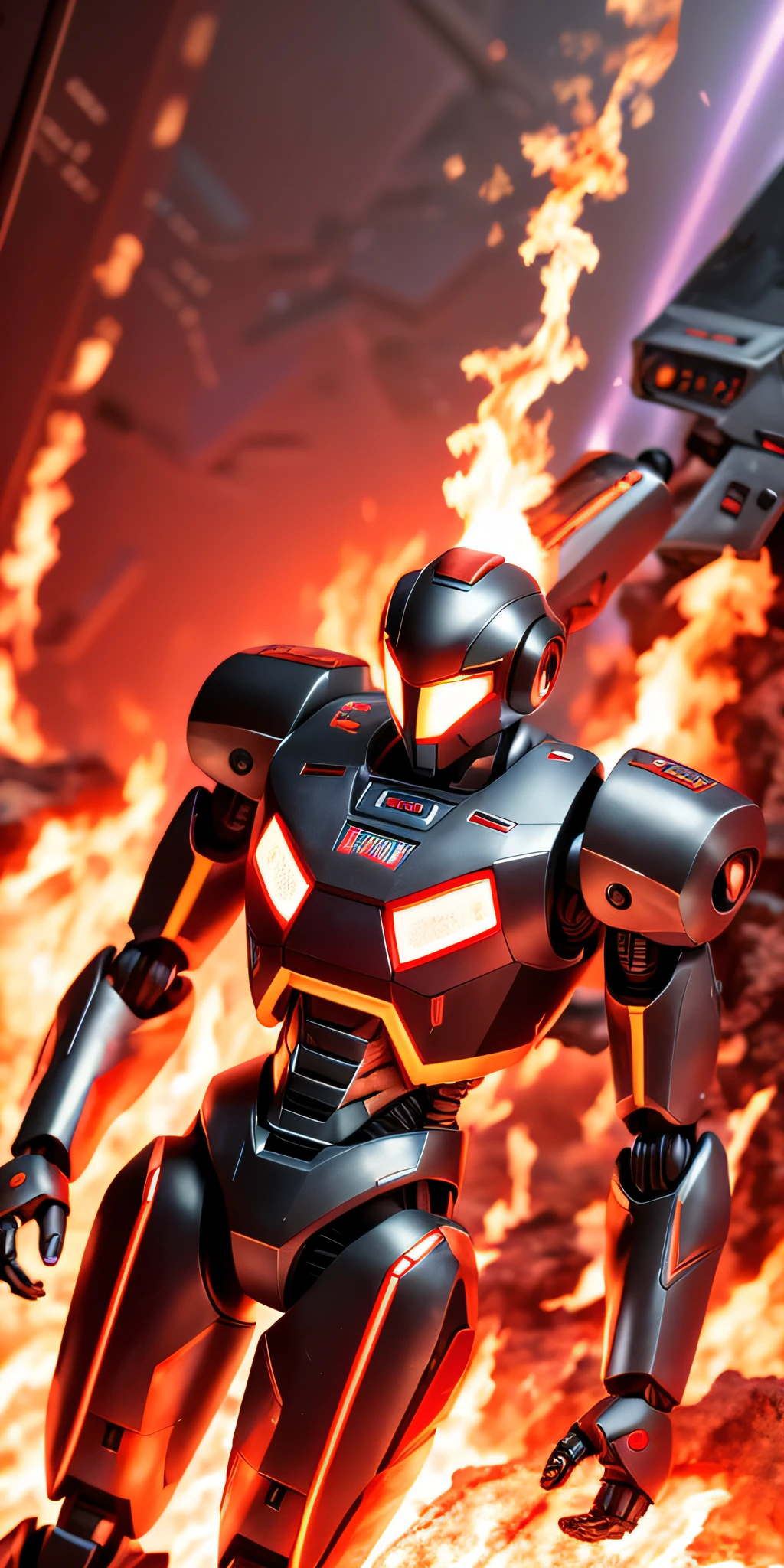 there is a robot that is standing in front of a fire, hq 4k wallpaper, cybernetic fire armor, hd wallpaper, cg art, 2025, action figure mecha, the most advanced humanoid robot, toy photography, hq 4k phone wallpaper, 🕹️ 😎 🔫 🤖 🚬, robotic, cybernetic flame armor