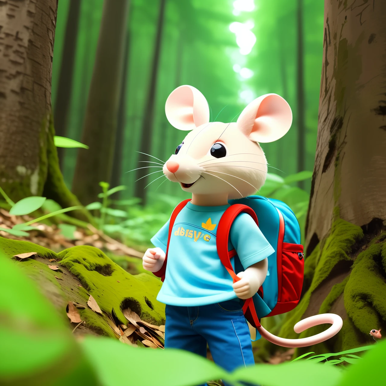Image 1: David the mouse, exploring the forest, with his backpack on his back, a smile on his face and his curious eyes.