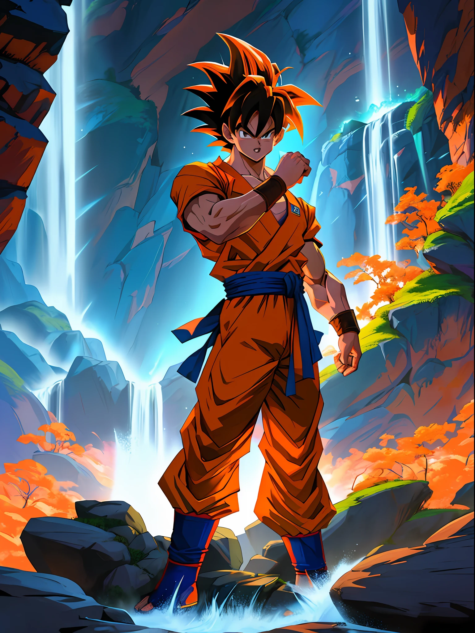 Son Goku from Dragon Ball, in his iconic orange and blue outfit, powering up to Super Saiyan with golden hair and aura, standing on a rocky terrain with a waterfall in the background, the scene is filled with intense energy and determination, Artwork, digital painting with vivid colors and dynamic lines