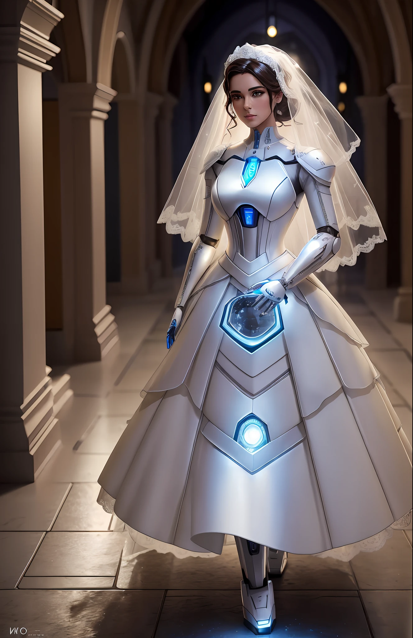 um homem vestido para casar ao lado de um padre em uma igreja lotada, and a robotic Android bride, muito bonita e sensual, Wedding dress walking towards the man, hyper-realistic, night, cinematic shot, incredibly detailed, sharp, professional lighting, photography lighting, 35mm, 4k, high quality --auto --s2