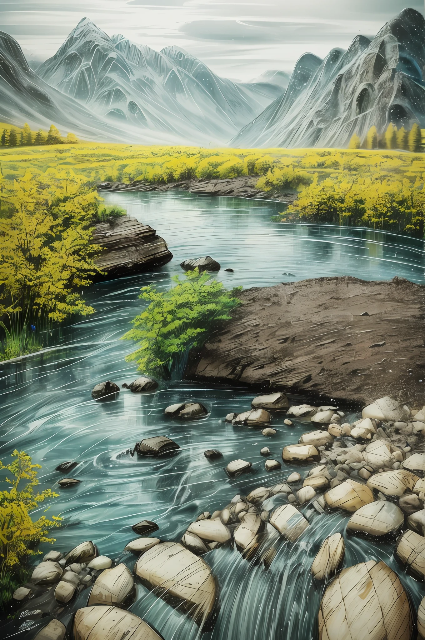 (masterpiece, best quality, high quality, extremely detailed CG Unity 8k wallpaper), landscape, outdoor, flower, cloud, sky, no man, mountain, landscape, water, tree, rain, waterfall, cliff, nature, lake, river, award winning photography, bokeh, depth of field, HDR, flood, chromatic aberration, realistic, very detailed, art station trend, CG social trend, complex, high detail, dramatic, art halfway