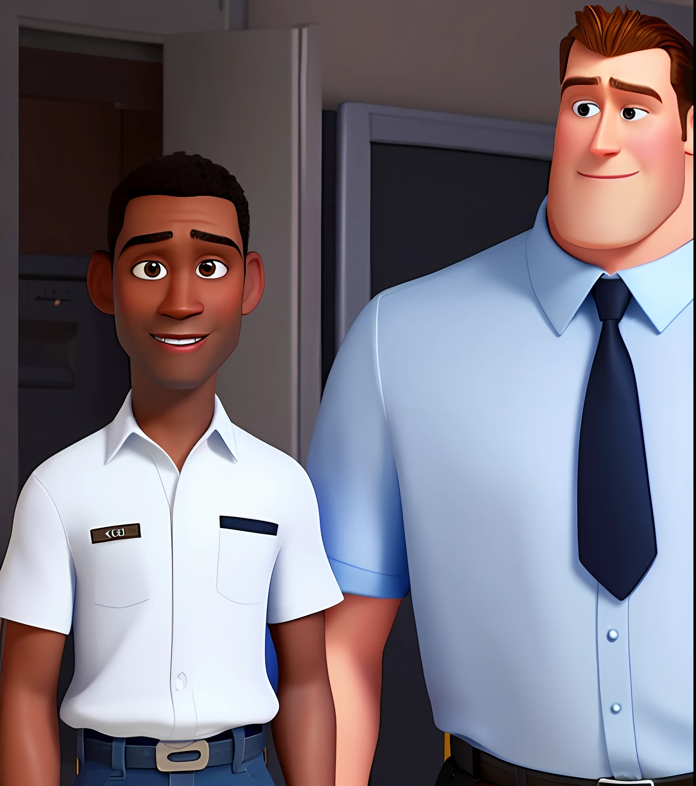 Pixarstyle a black guy next to a white guy, homoaffective