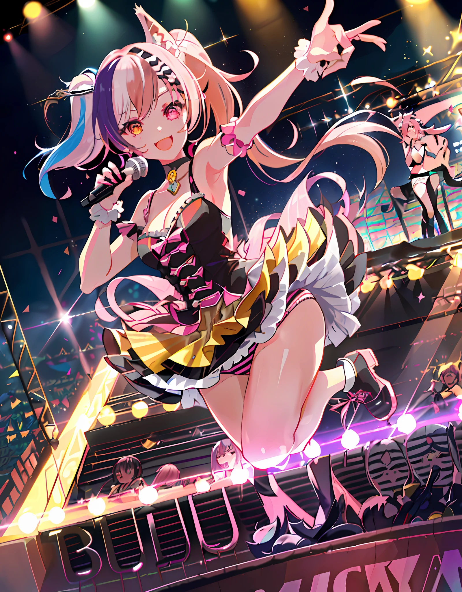 Dynamic Angle, Upper Body, One Girl, Smile, Wolf Ears, Wolf Tail, Pink Eyes, Hair Between Eyes, (((Wink)))), D Cup, Cleavage, Striped Hair, (((((Colorful hair color: 1)))), Variegated Hairstyle: 1, Twin Tails, Ultra-detailed Gradient Hair, Idol Costume, Professional Designer, Ruffled Dress, Love Live, Jewelry, Backstage, Best stage, climax, professional stage, (((Sing emotionally with your left hand holding the microphone, overflowing emotions, best smile))), singer, vocalist: 1, Idol, diva, professional stage, professional lighting, live lighting, distracting, fan service: 1, ((satellite photo seen from the audience)))), (((((Panchira, cute panties))))