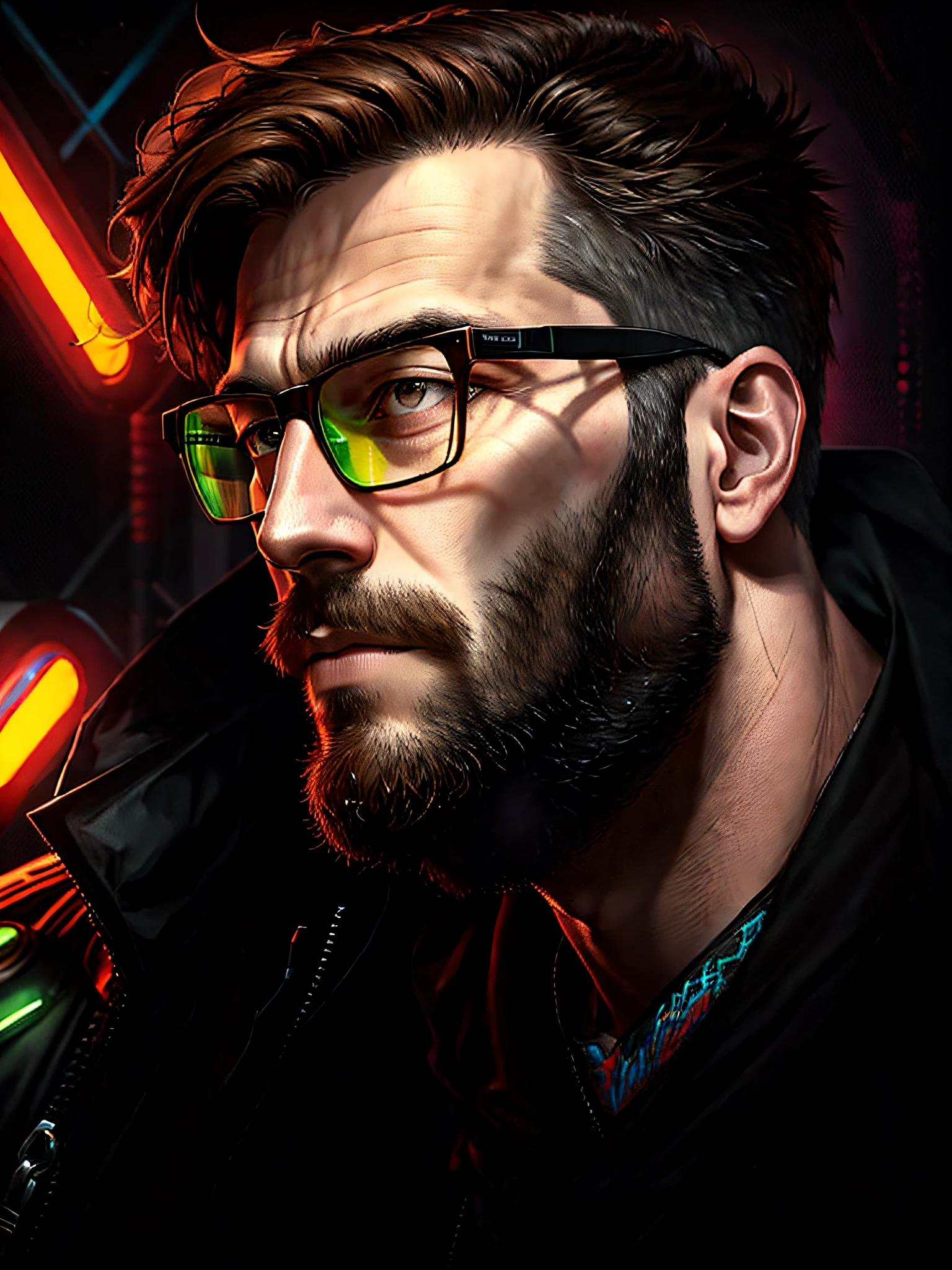 man with glasses and beard in front of a neon background, high quality portrait, 8k shot portrait, mid shot portrait, detailed portrait shot, cinematic headshot portrait, profile portrait, close-up photo portrait, man with glasses, epic and elegant portrait, 4k color photography portrait, profile shot, illuminated sideways, portrait of a cyberpunk man, brown eyes, anime style, high quality photo --auto --s2