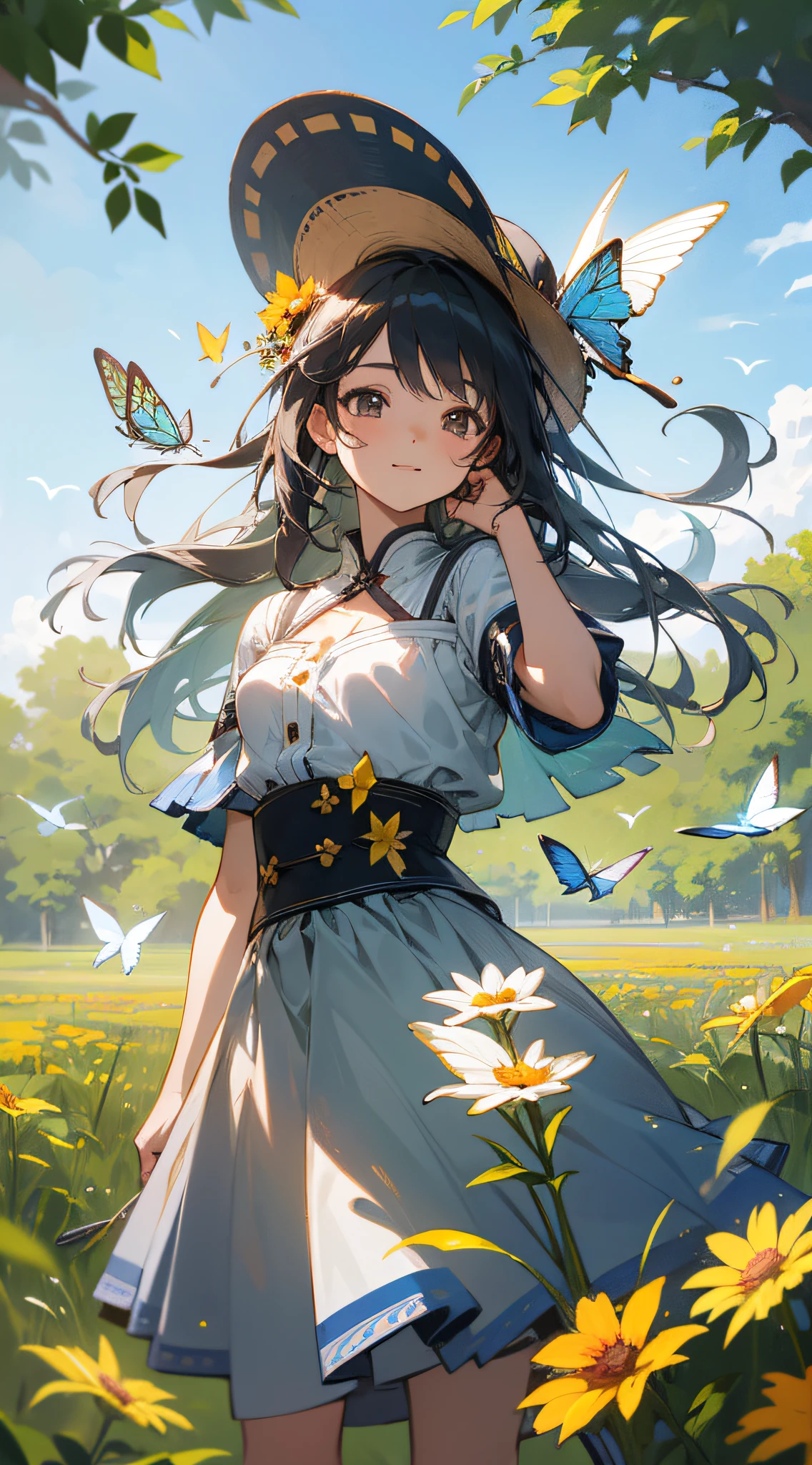 Highly detailed, ultra detailed, ultra high resolution girl enjoying her time in an open field, surrounded by the beauty of nature, with the warm sun shining on her and wild flowers swaying gently in the breeze. Butterflies and birds flutter around her, adding to the playful atmosphere, --v6