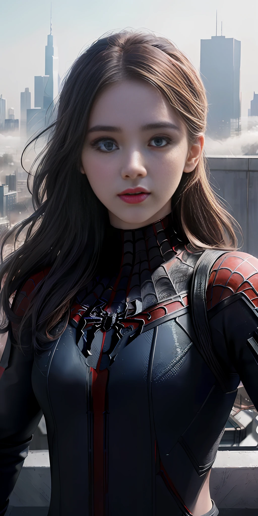 (1girl:1.3), Solo, (((Very detailed face)))), ((Very detailed eyes and face)))), Beautiful detail eyes, Body parts__, Official art, Unified 8k wallpaper, Super detailed, beautiful and beautiful, beautiful, masterpiece, best quality, original, masterpiece, super fine photo, best quality, super high resolution, realistic realism, sunlight, full body portrait, amazing beauty, dynamic pose, delicate face, vibrant eyes, (from the front), She wears Spider-Man suit, red and black color scheme, spider, very detailed city roof background, rooftop, overlooking the city, detailed face, detailed complex busy background, messy, gorgeous, milky white, highly detailed skin, realistic skin details, visible pores, clear focus, volumetric fog, 8k uhd, DSLR, high quality, film grain, fair skin, photo realism, lomography, futuristic dystopian megalopolis, translucent