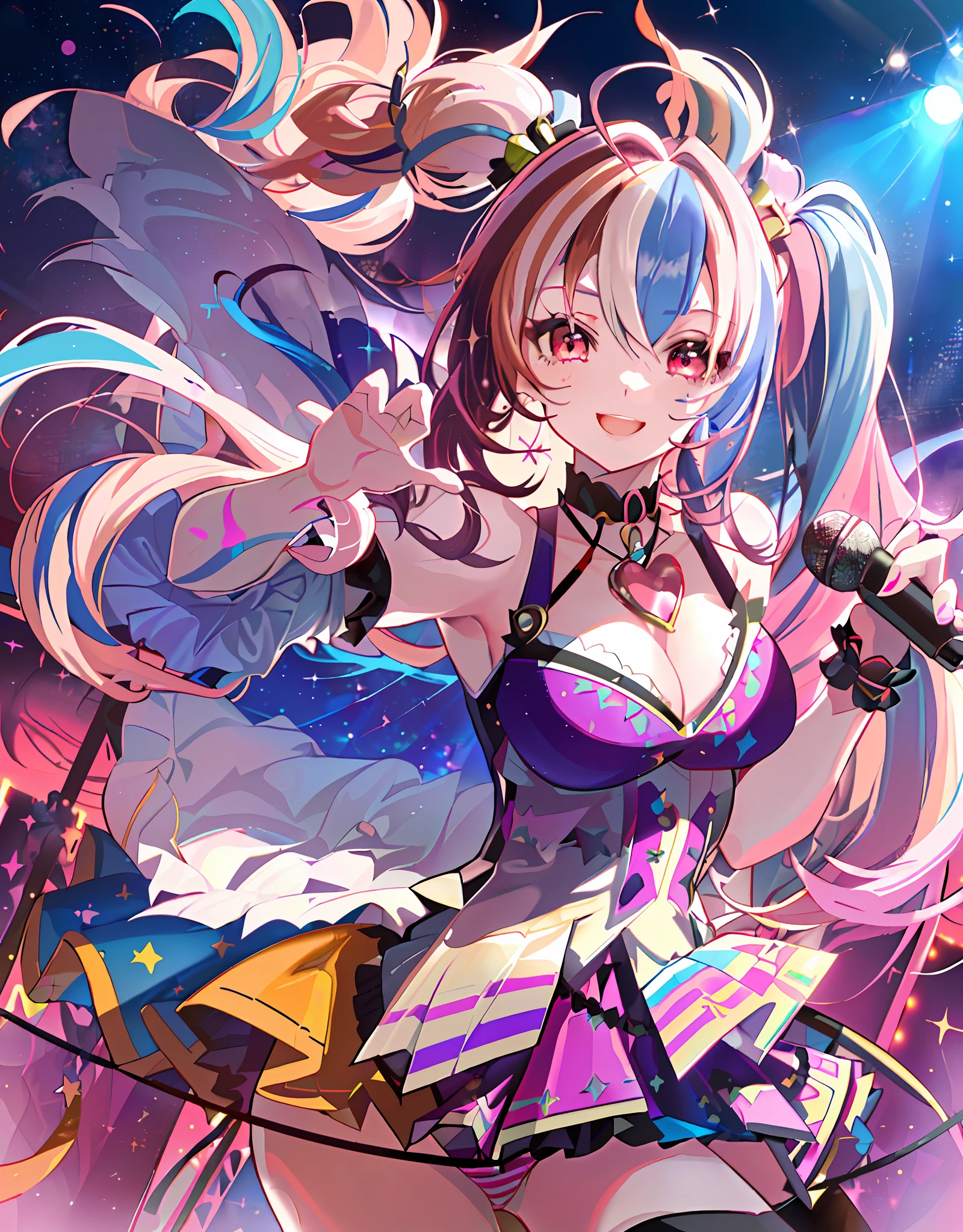 Dynamic Angle, Upper Body, One Girl, Smile, Wolf Ears, Wolf Tail, Pink Eyes, Hair Between Eyes, (((Wink)))), D Cup, Cleavage, Striped Hair, (((((Colorful hair color: 1)))), Variegated Hairstyle: 1, Twin Tails, Ultra-detailed Gradient Hair, Idol Costume, Professional Designer, Ruffled Dress, Love Live, Jewelry, Backstage, Best stage, climax, professional stage, (((Sing emotionally with your left hand holding the microphone, overflowing emotions, best smile))), singer, vocalist: 1, Idol, diva, professional stage, professional lighting, live lighting, distracting, fan service: 1, ((satellite photo seen from the audience)))), (((((Panchira, cute panties))))