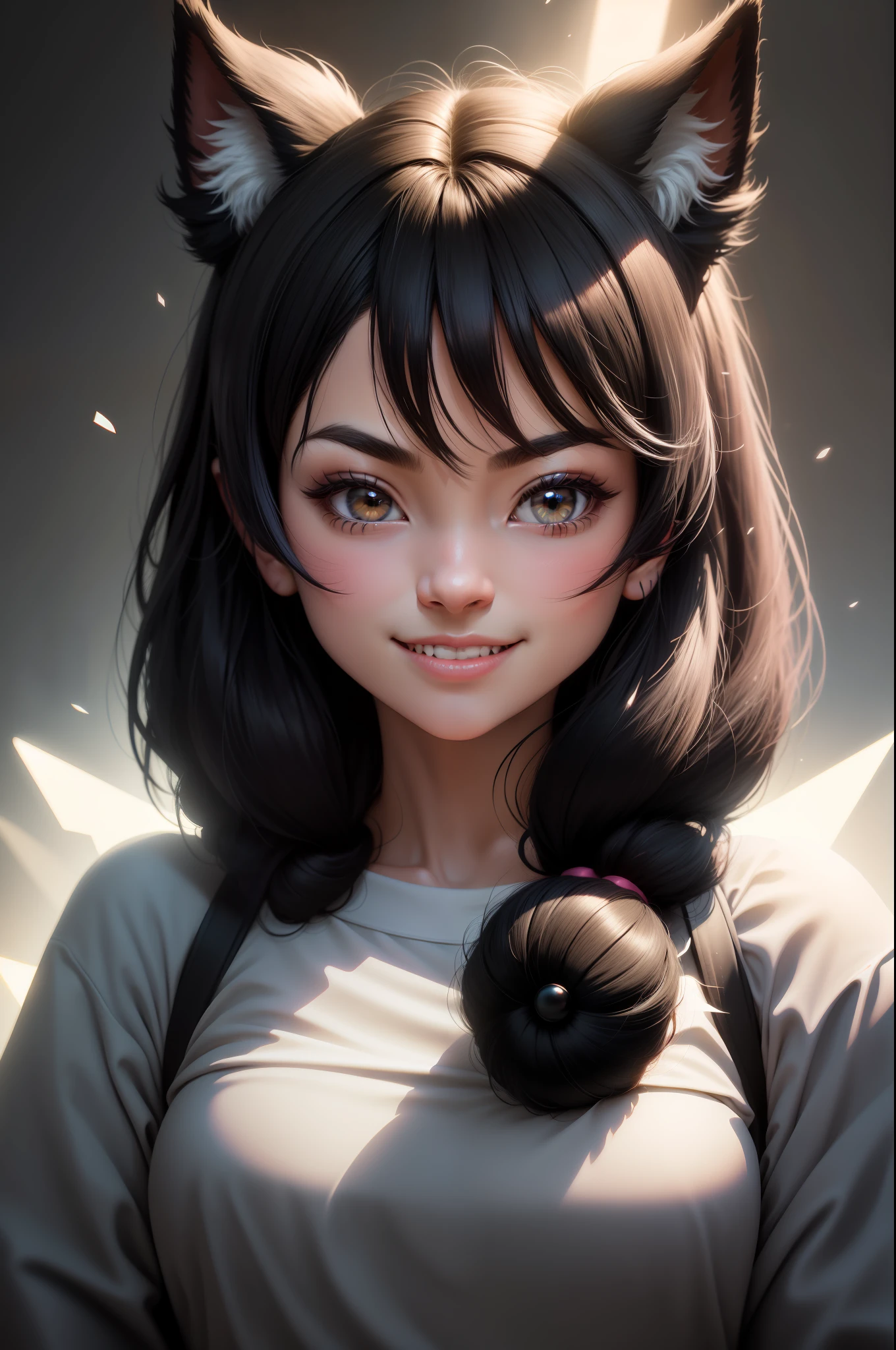 black hair, hair bobbles, wince, solid circle eyes, fake animal ears, light smile, ear blush, fang, Surrealism, drop shadow, anaglyph, stereogram, tachi-e, pov, atmospheric perspective, cinematic lighting, halftone, god rays, 8k, super detail, ccurate, best quality