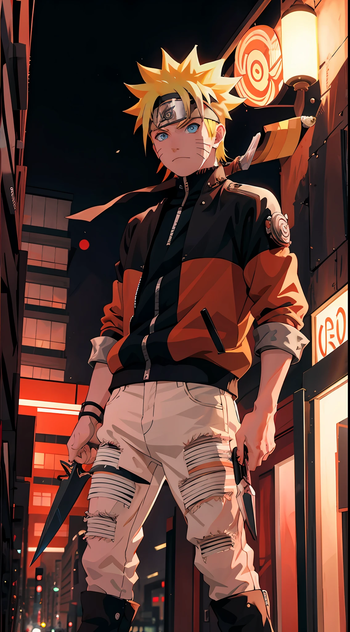 1 boy, shonen style, blonde hair, spiky hair, whisker marks on cheeks, black and red outfit, leather jacket, jeans, boots, bandana, cool, blue eyes, holding a kunai, full body, color --name Naruto Uzumaki --background city at night