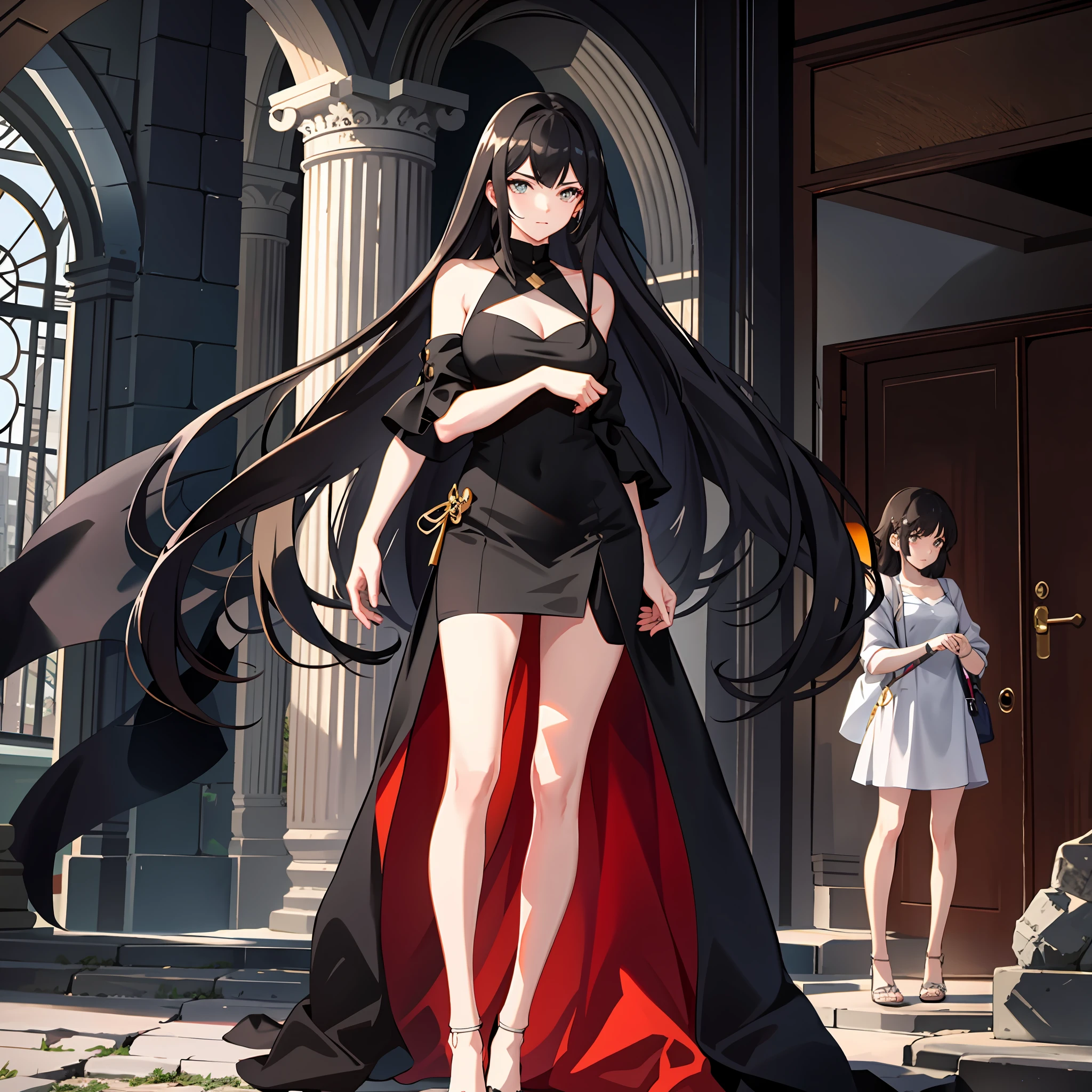 The chest is protruding and upturned, the arms are delicate, the left hand caresses the leg, the right hand strokes the hair, the tight dress, the long leg suddenly appears, one leg is slightly bent, the details of the face description are clear, many black-robed people stand behind it, and an ancient city building platform stands at the end.