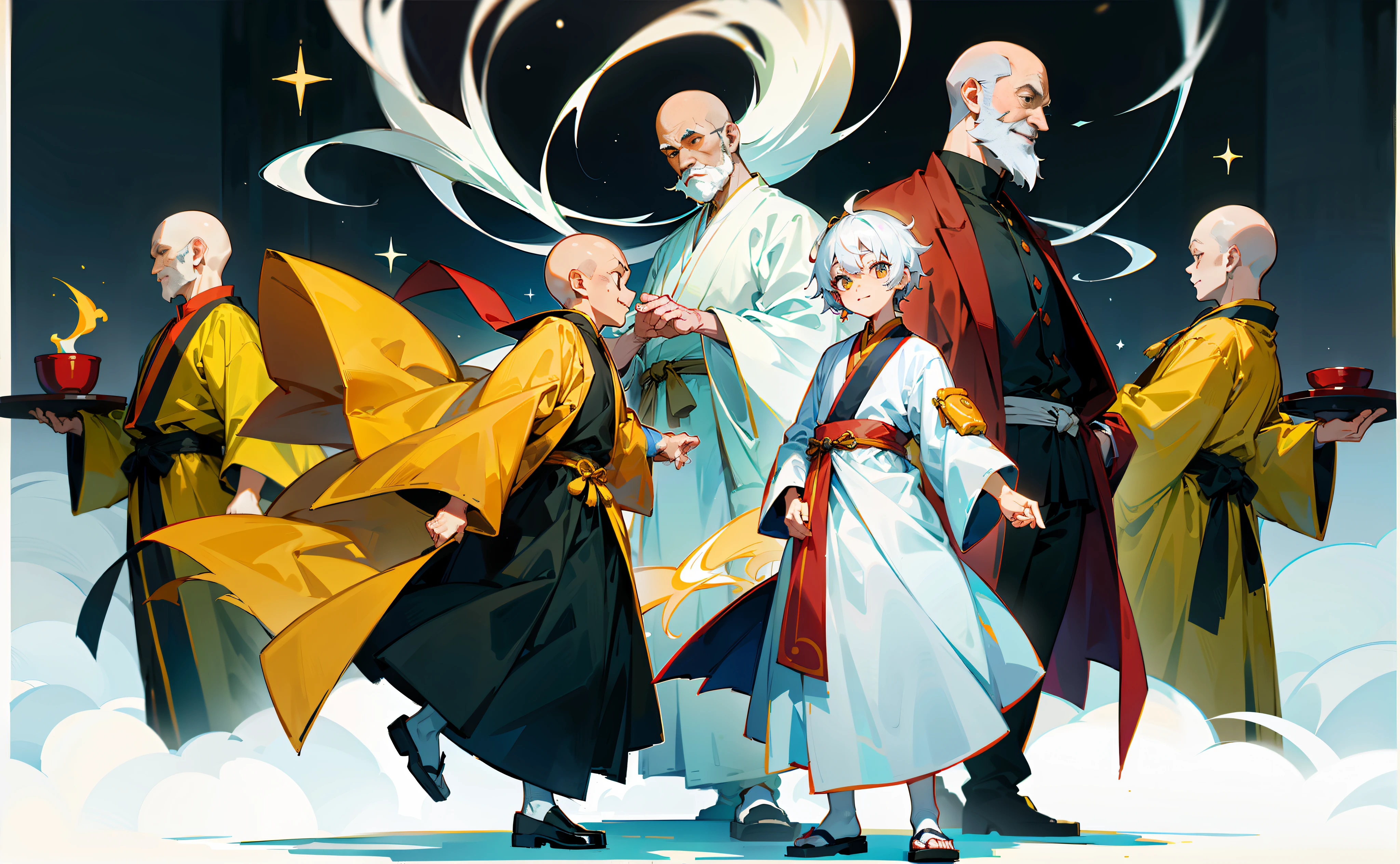 white background, traditional Chinese clothing, yellow robe, cassock, Tang monk, cloth shoes, an old man, monk, white beard, no hair, bald head, kan tashi, star pupils, gradient eyes, smile, ghibli-like colors, anime style, mixed, three-sided view, anatomically correct, ccurate, masterpiece, UHD, super detail, high detail, high quality, high quality, high quality --auto --s2