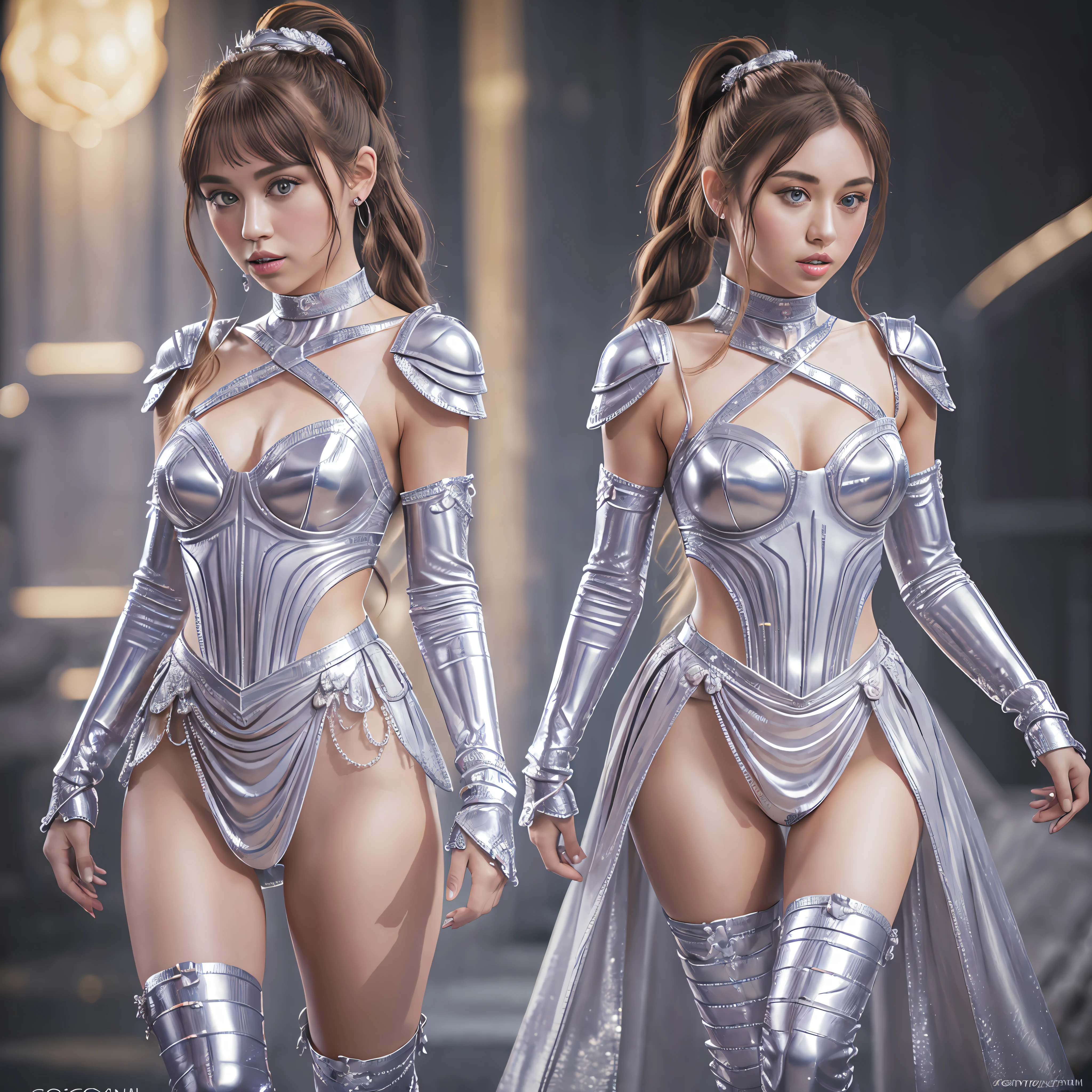 (16K, best quality: 1.2), (masterpiece: 1.37), (photorealistic: 1.37), (ultra high resolution), whole body, very precise finger hands, walking pose, front shooting, slow motion, full-body paladin, (light silver armor: 1.2), (richly decorated armor), (incredibly detailed, flowering: 1.5), (highest quality, Alessandro Casagrande, Greg Rutkowski, Sally Mann, conceptual art,  16k), (analog: 1.2), (high sharpness), (detailed students: 1.1), detailed face and eyes, masterpiece, better quality, (very detailed photo: 1.1), (long blond hair, ponytail, ecstatic: 1.1), (female: 1.1), pointed, (perfect body: 1.1), realistic, real shadow, 3d, (temple background:1.2), (by Michelangelo), photographed by Canan EOS R6, 135mm, 1/1250s, f/2.8, ISO 400 masterpieces 16K Guweiz and James Jean by CGSCOSITY tattoo,  etc. ultra pro-photorealistic 16k lower angle of a Will-o'-the-wisp tongue equirectangular grimace 360 Highres unity aesthetic, [(art by Willi Baumeister:1.1), (art by John T. Biggers:1.2)::17], plasmalight, 16k DoF Goddess strange Miley Cyrus Amber solo Cosplay 16K "Princess Leia Slave chains" dazzling soft eyes delicate face very detailed mouth open teeth smile tongue out grimace 16k short hairstyle symmetrical muscular suave body seductive dramatic bridaldress torn shoulders off shirt sleeve white sneakers lace clavicle papillotes silk satin felt seam strange corsait skirt loose swinging spinel thick leather thighs covered revealing boots solid voluminous indigo heavy underwear imposing fullbodye heart "Heavy Metal" armor gloves metallic 16k gothic covered flat opal copper bands ruby DoF Tourmaline 16k "star wars" throne marble rune Crystalline SunLight luminescence Realism precise detail reflex resolution graduated perfection improved depth Ultra Octane UHD XT3 16K DSLR HDR UnrealEngine5