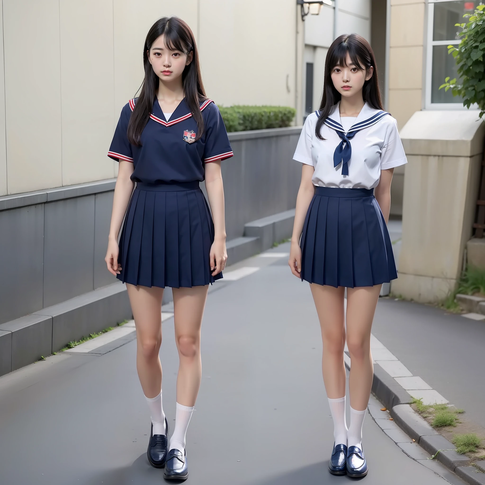 Sailor suit, short sleeves, navy blue skirt, navy blue collar, red tie, long straight hair, black hair, Japan person, white socks, loafers, beautiful style, beautiful legs, (from the knee up), standing figure