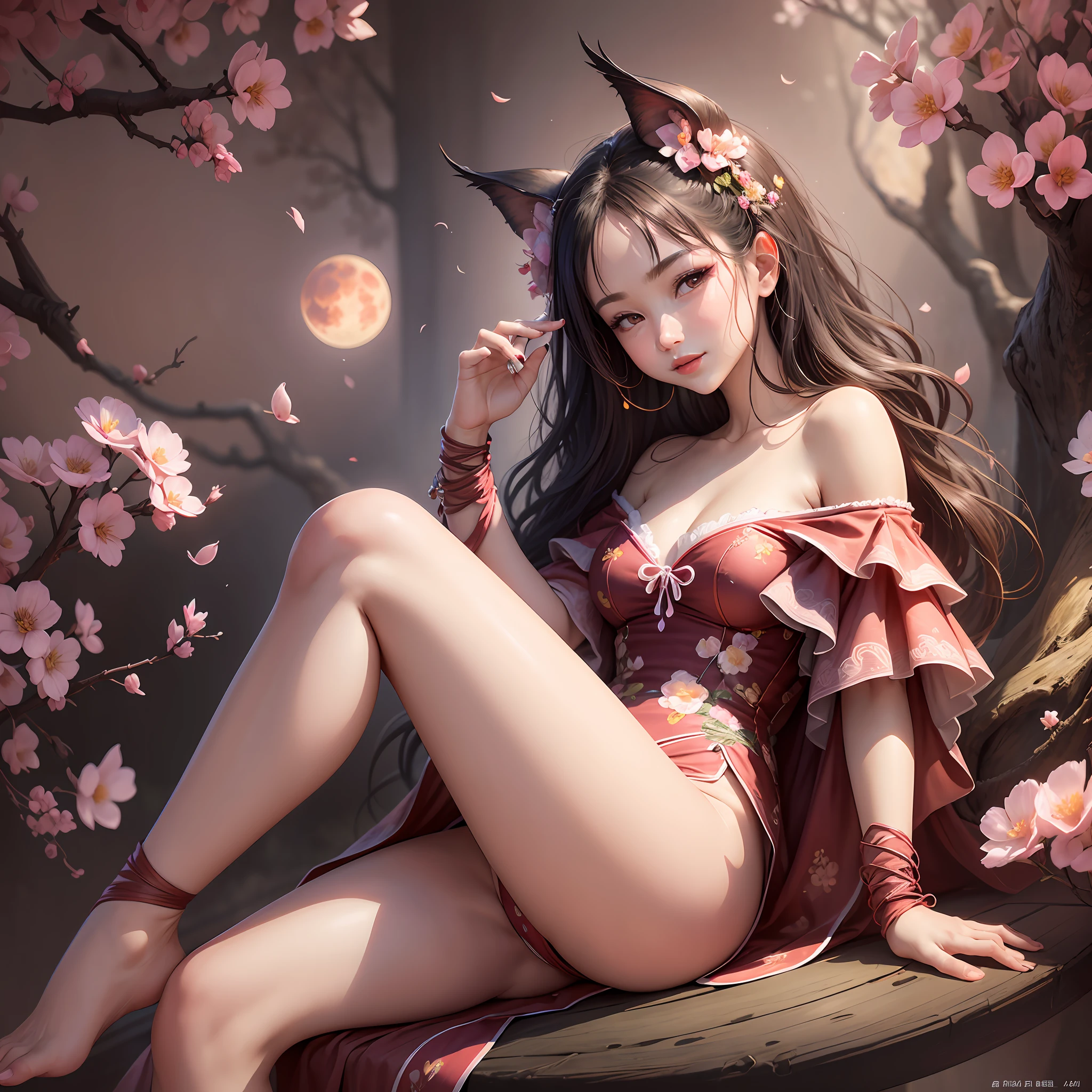 Best Quality, Masterpiece, Ultra High Resolution, (Realisticity: 1.4), Original Photo, 1girl, Off-the-Shoulder, Cinematic Lighting Points. A gentle and lovely Chinese beautiful woman, delicate sexy collarbone, charming goose egg face, double eyelids, smart peach blossom eyes, pink lips, small upturned nose, bare shoulders, focused face, face close-up, ultra-high definition, super detail, full body photo, ultra-thin light transmission optimal ratio four fingers and one thumb, there is a pair of blood-red huge bat wings, the left wing is unfolded, the right wing is bent, bad smile, sitting on the peach blossom tree with spread legs, behind is a blood-red moon, there are meteors slipping down, delicate face, eyes and cheeks with star powder, Flaming red lips, sexy body, sitting on a peach tree and leaning back, extremely charming --auto --s2