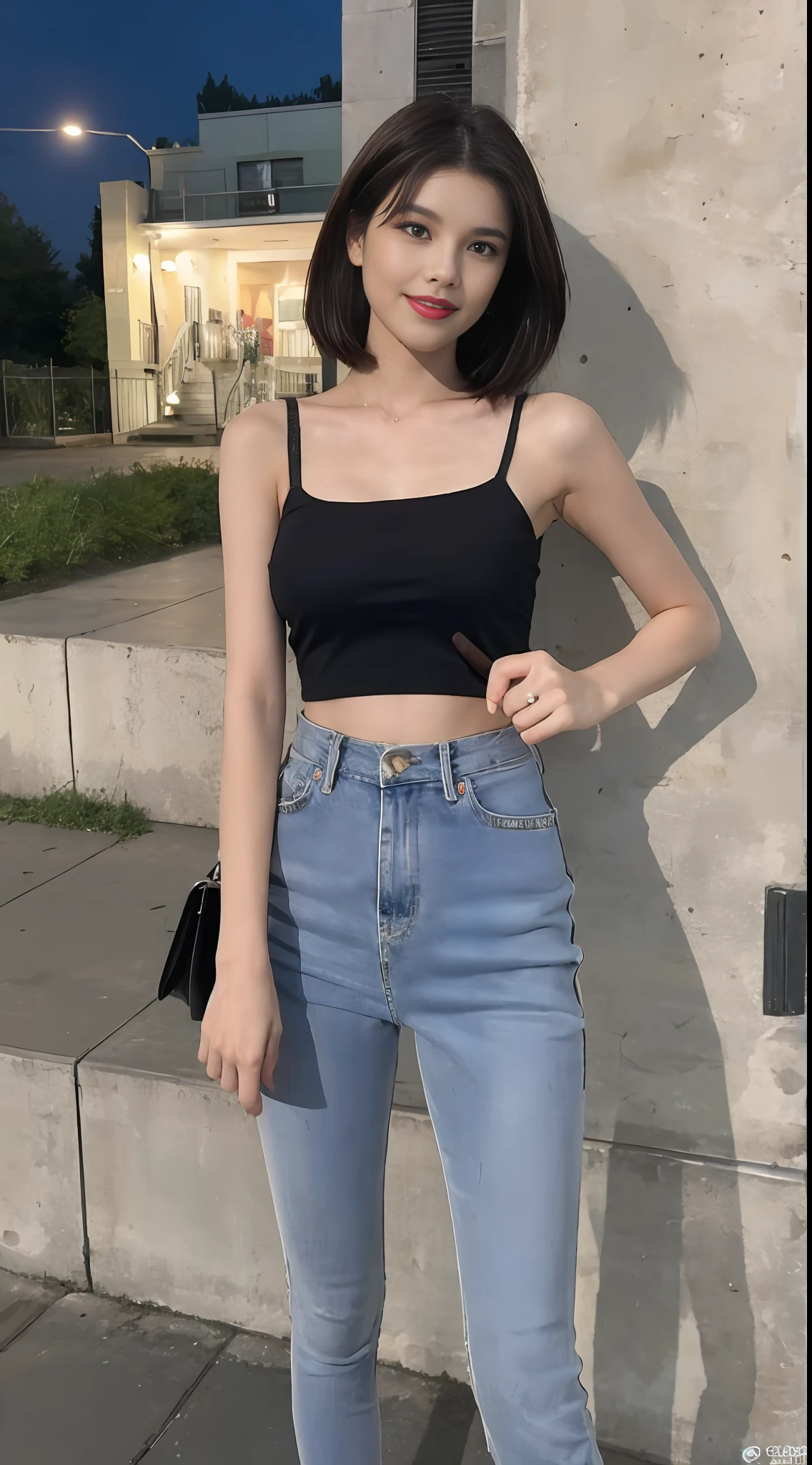 ((Best Quality, 8K, Masterpiece: 1.3)), Focus: 1.2, Perfect Body Beauty: 1.4, ((Layered Haircut, Medium Boobs: 1.2)), (Street:1.3), Light Green Bandeau, Shoulder Straps, Skinny Jeans, Delicate Face, Fine Eyes, Facing the Audience, Whitened Skin, Long Hair, (Shut Up: 1.3), Full Body