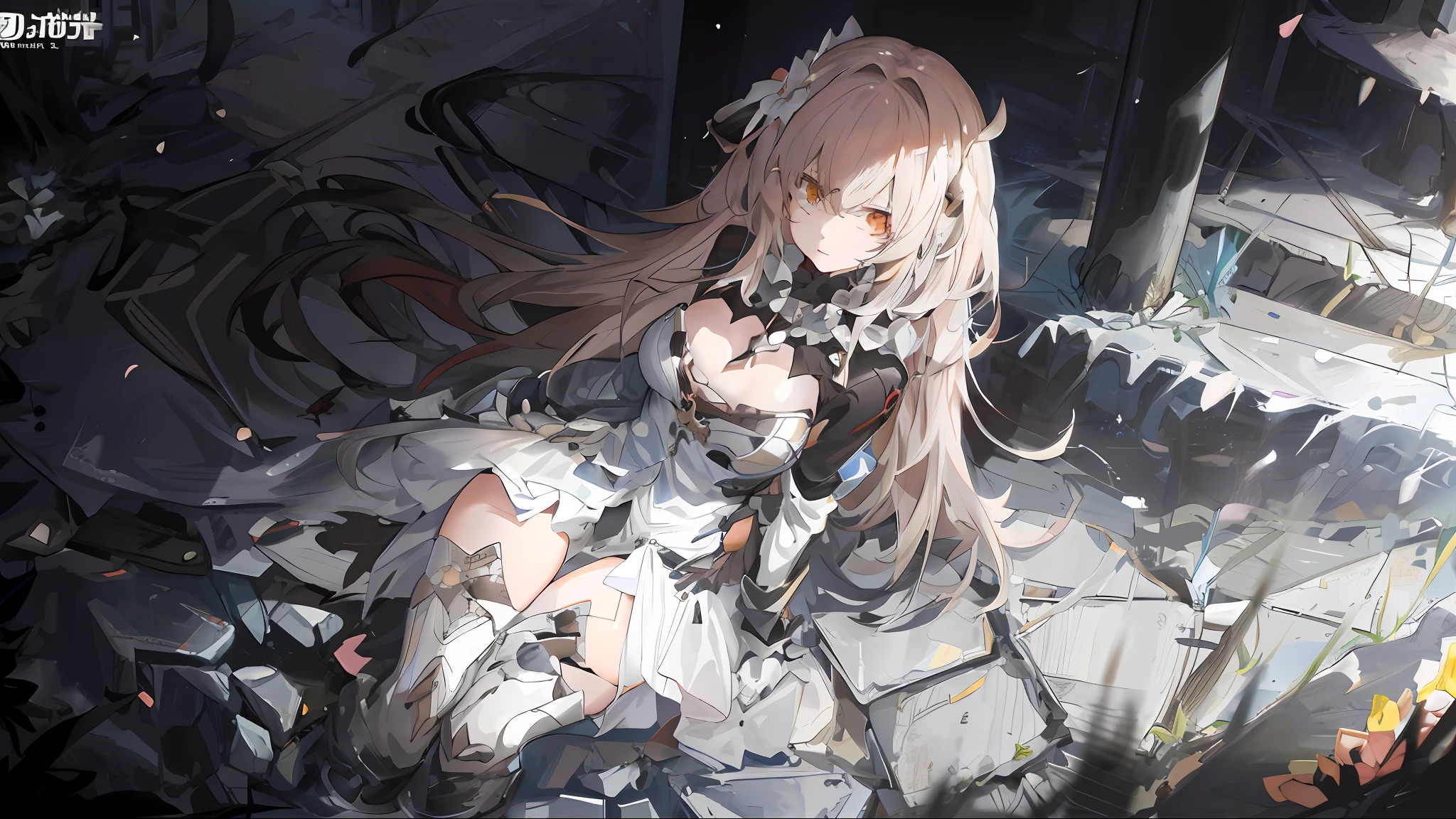 Anime girl long hair, from the night of the ark, fine details. (1girl:1.5+female_character:0.8+sit:1.2+rubble+Arknight, Girls' Frontline: 1.2, highly detailed), (Arknight: 1.2, Girls' Frontline: 1.2, feminine aesthetic), style shadow universe, scene in the universe (outer space), Girl Front. （Artstation:0.8+Pixiv:1.2+Guweiz on Artstation）