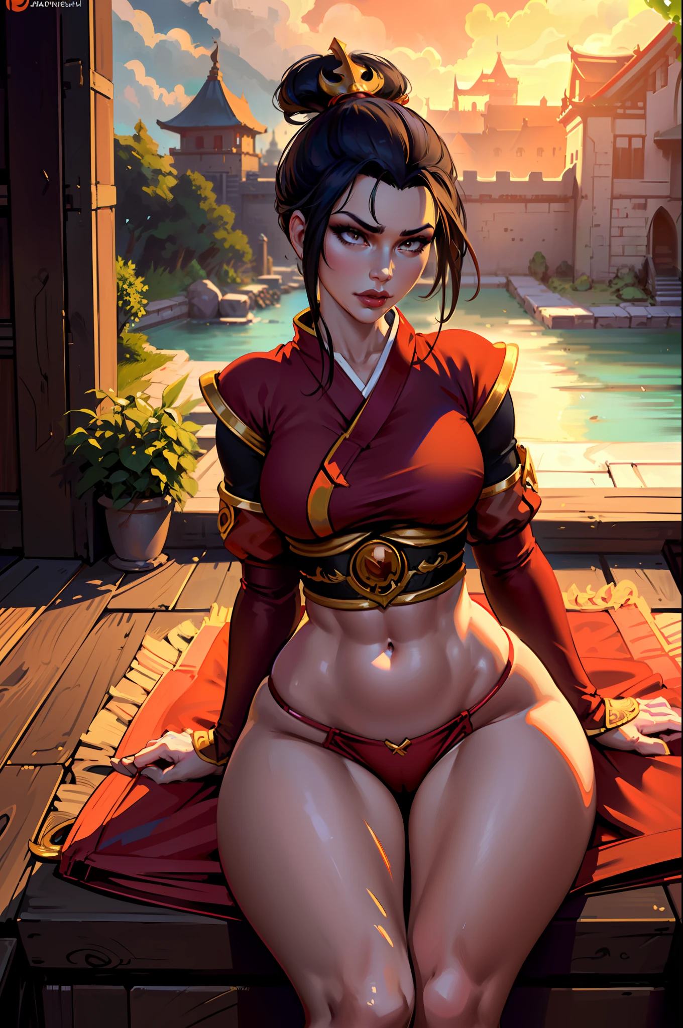 ultra-realistic 8k CG, masterpiece, ((ultra detailed background, fine drawing, intricate details, high detail, better quality fine details, hyper-detailed face)), (photorealistic: 1.4), beautiful lighting, absurdity, RAW photo, film grain, Azula, 1girl, solo, black hair, brown eyes, makeup, lipstick, red lips, one tuft of hair, navel, side strands, hair decoration, ((wide hips, medium breasts, slim girl, sperm, on the face)), ((unbuttoned kimono)), ((complex detailed background, inside, dim lighting, moody lighting, inside the castle, castle wall, inside, medieval castle environment)), sitting on a throne, legs apart, perfect legs, erotica