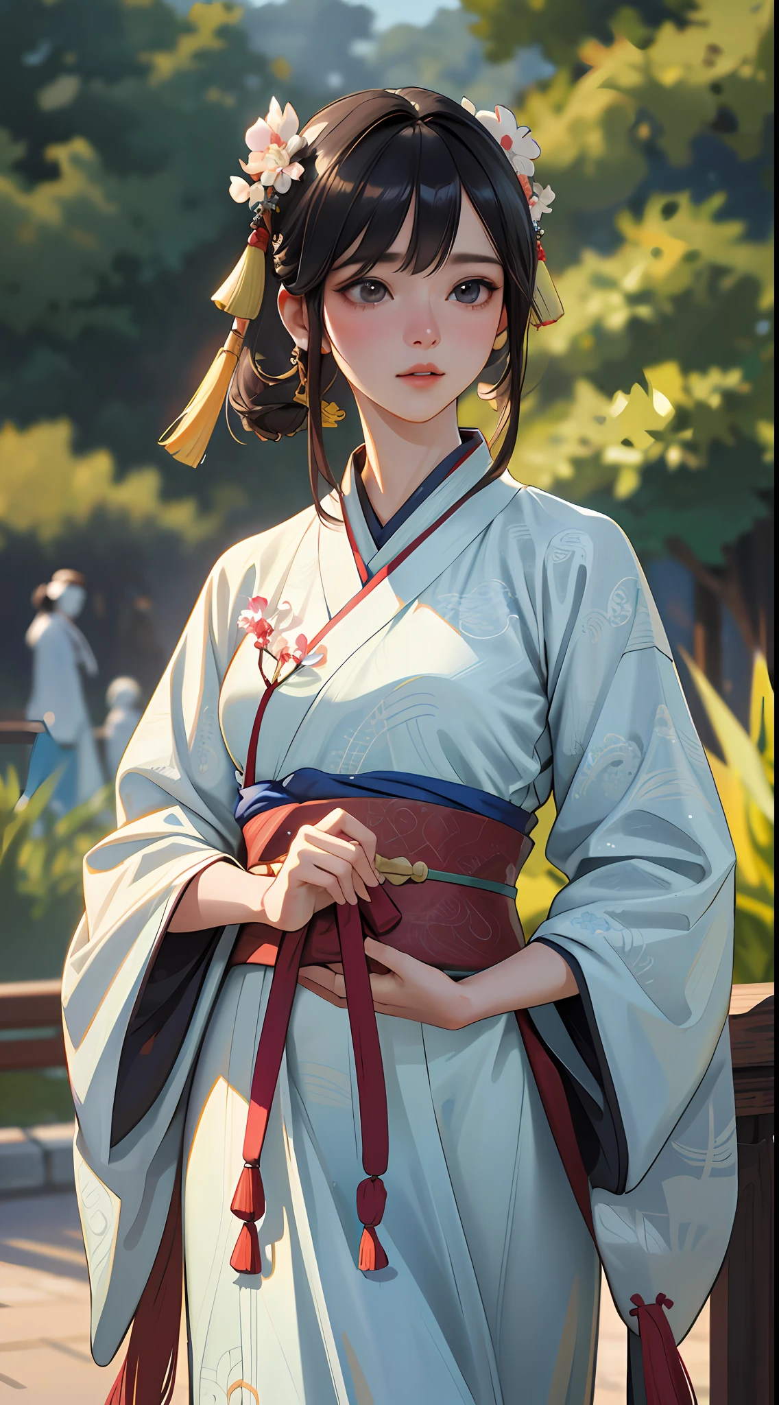 under body ,high resolution,(8k, best quality, masterpiece:1.2), (realistic, photo-realistic:1.2),the whole body,detailed face,(delicate texture, pattern, hanfu),
