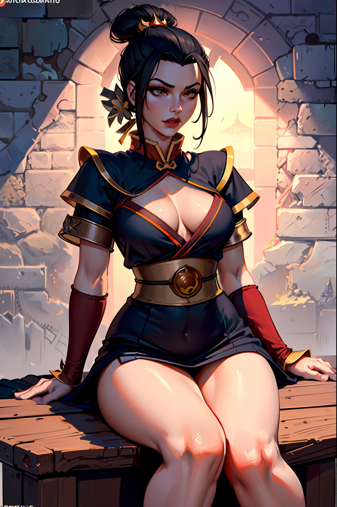 ultra-realistic 8k CG, masterpiece, ((ultra detailed background, fine drawing, intricate details, high detail, better quality fine details, hyper-detailed face)), (photorealistic: 1.4), beautiful lighting, absurdity, RAW photo, film grain, Azula, 1girl, solo, black hair, brown eyes, makeup, lipstick, red lips, one tuft of hair, navel, side strands, hair decoration, ((wide hips, medium breasts, slim girl,  sperm, on the face)), ((unbuttoned kimono)), ((complex detailed background, inside, dim lighting, moody lighting, inside the castle, castle wall, inside, medieval castle environment)), sitting on a throne, legs apart, perfect legs, erotica