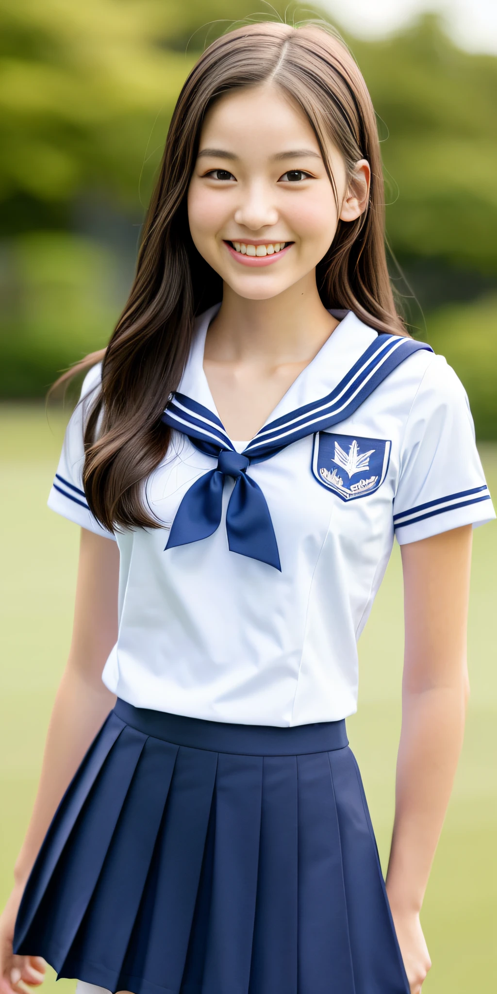 neat college girl, (school uniform, sailor uniform, ribbon tied at chest, summer clothes, upper body white, skirt dark blue, short sleeves), outside the athletic field, (slim), photorealistic, detail, skin texture, ultra detail, delicate and sexy collarbone, smile, super detailed face, detailed lips, detailed eyes, double eyelids, small breasts, small breasts, small, flat breasts, breast emphasis