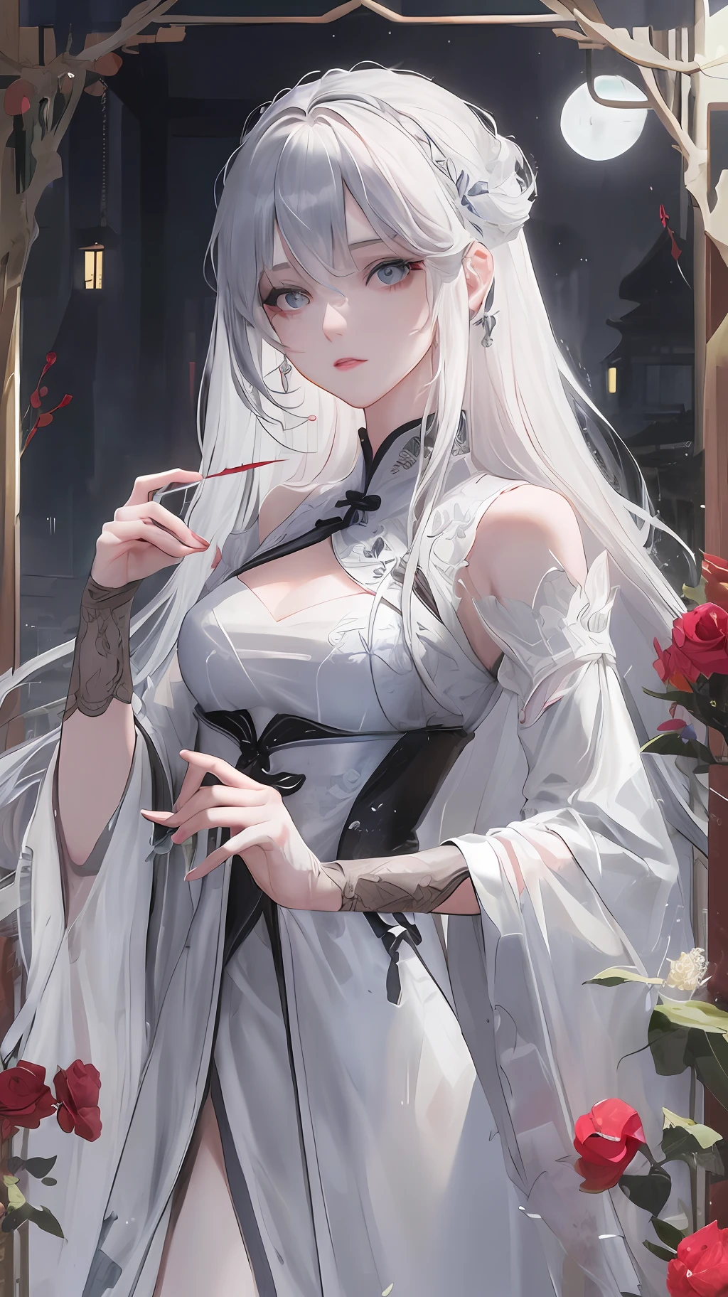 Masterpiece superb night outdoor rainy day lakeside branches Chinese style 1 female mature female royal sister royal sister silver white long hair female gray blue eyes light pink lips cold bangs assassin, short knife, blood, blood, wounds, delicate face, delicate face, delicate face,