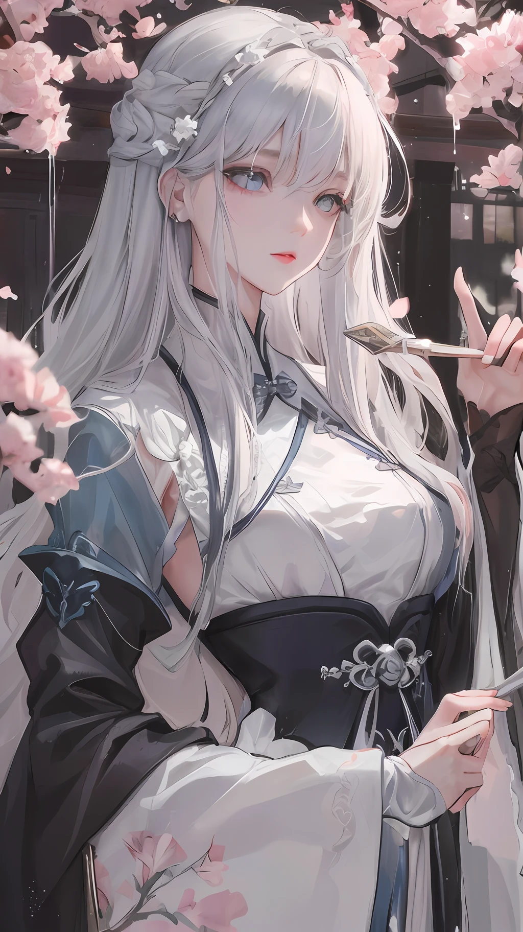 Masterpiece superb night outdoor rainy day lakeside branches Chinese style 1 female mature female royal sister royal sister silver white long hair female gray blue eyes light pink lips cold bangs assassin, short knife, blood, blood, wounds, delicate face, delicate face, delicate face,