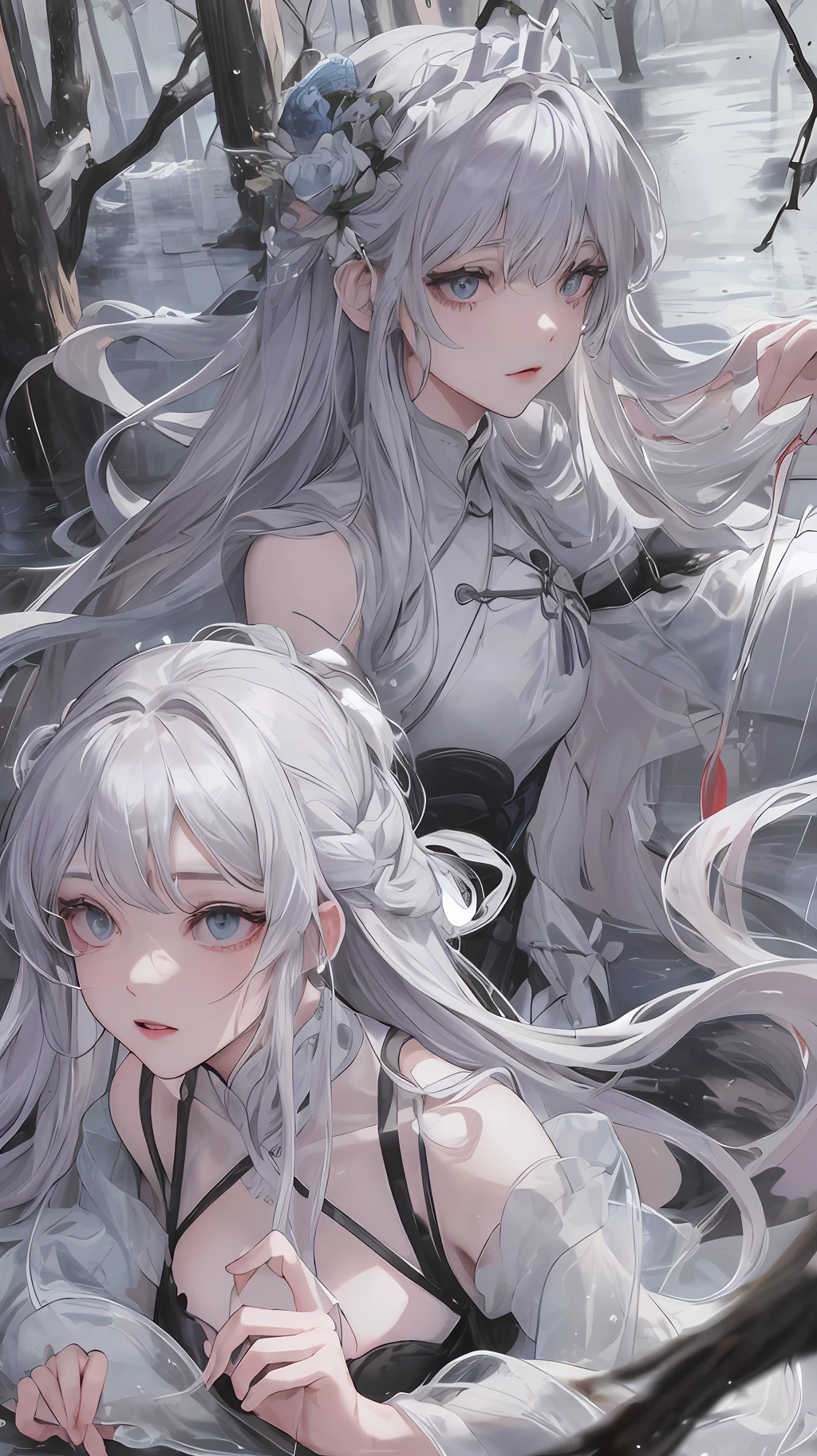 Masterpiece superb night outdoor rainy day lakeside branches Chinese style 1 female mature female royal sister royal sister silver white long hair female gray blue eyes light pink lips cold bangs assassin, short knife, blood, blood, wounds, delicate face, delicate face, delicate face,