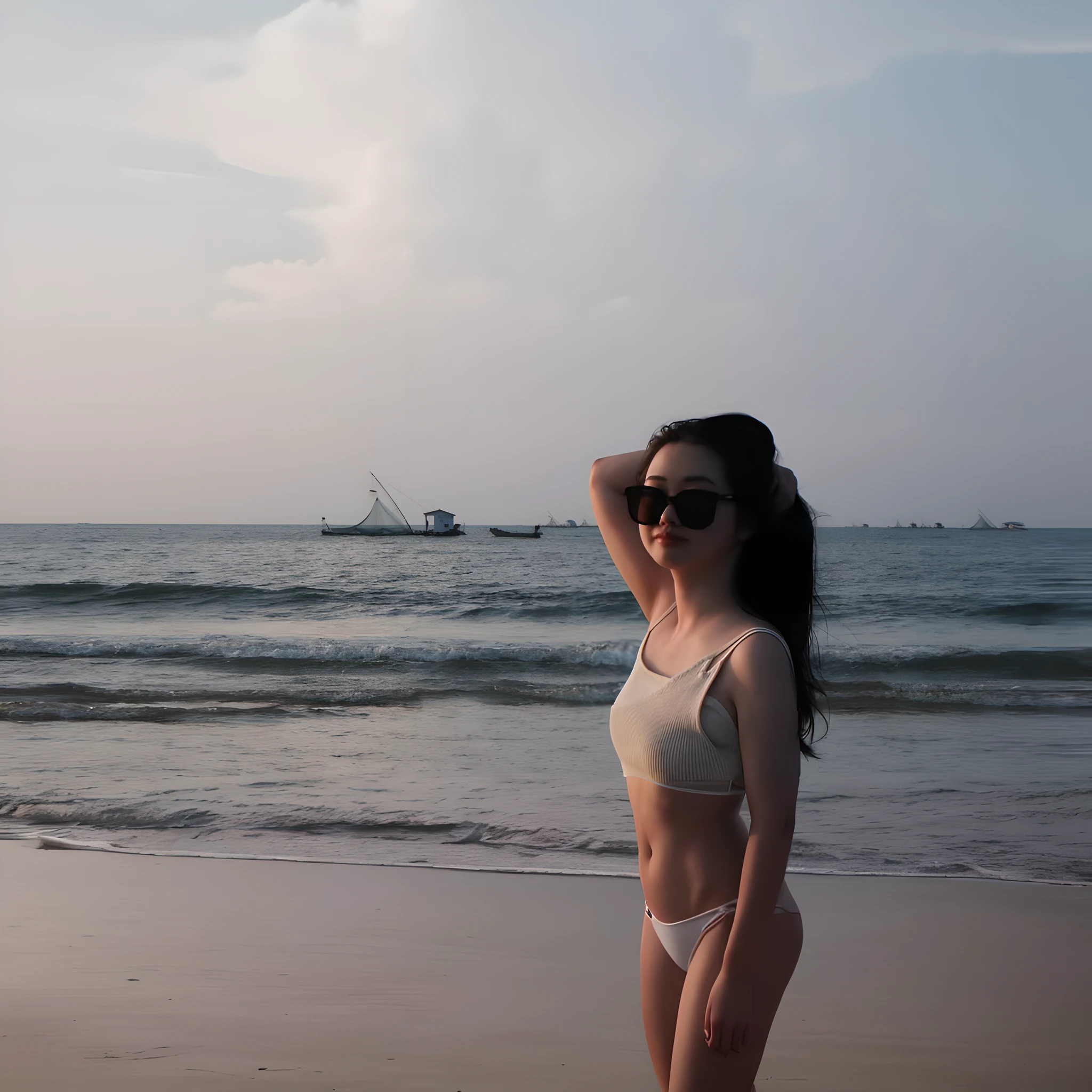 Woman standing on sand with hands on her head, sunset, posing on beach, ocean in sunset, standing on beach, on beach, standing near beach, ocean in background, seaside, on beach, beach photos, on tropical beach, posing on beach, fair long legs, asian complexion