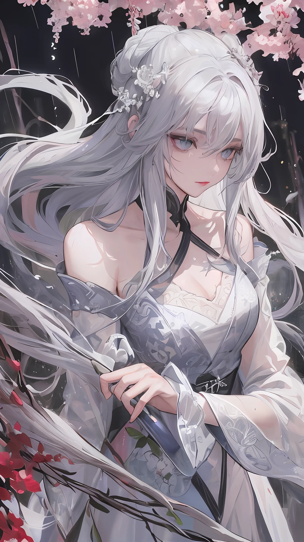 Masterpiece superb night outdoor rainy day lakeside branches Chinese style 1 female mature female royal sister royal sister silver white long hair female gray blue eyes light pink lips cold bangs assassin, short knife, blood, blood, wounds, delicate face, delicate face, delicate face,