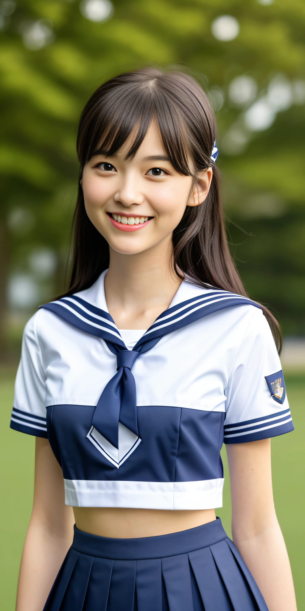 neat college girl, (school uniform, sailor uniform, ribbon tied at chest, summer clothes, upper body white, skirt dark blue, short sleeves), outside the athletic field, (slim), photorealistic, detail, skin texture, ultra detail, delicate and sexy collarbone, smile, super detailed face, detailed lips, detailed eyes, double eyelids, small breasts, small breasts, small, flat breasts, breast emphasis