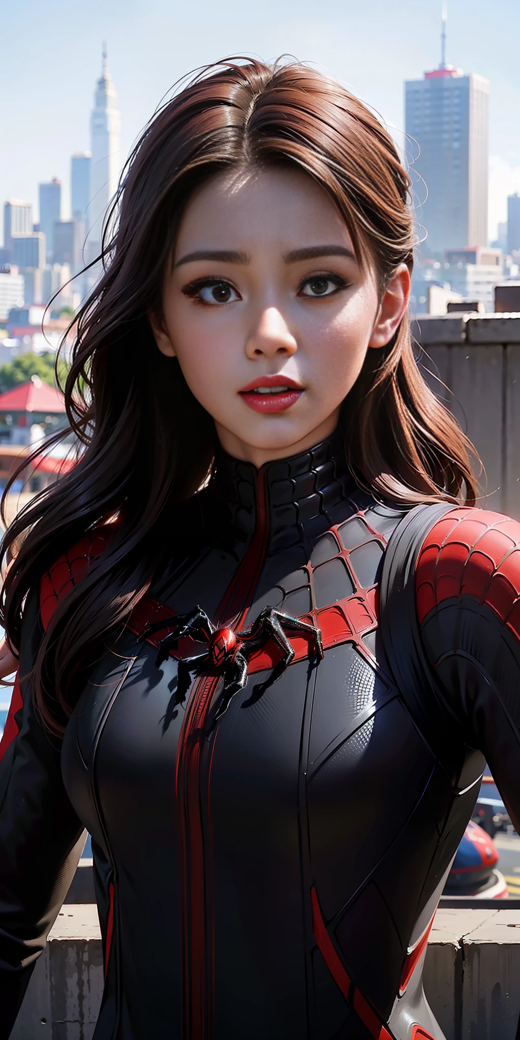 araffe woman in a black and red suit standing on a ledge, ( ( spiderwoman ) ), wojtek fus, highly detailed exquisite fanart, by Yanjun Cheng, medium close - up ( mcu ), fanart best artstation, amazing 8k character concept art, ross tran 8 k, 8k portrait render, spider woman, trending on artstation 4k