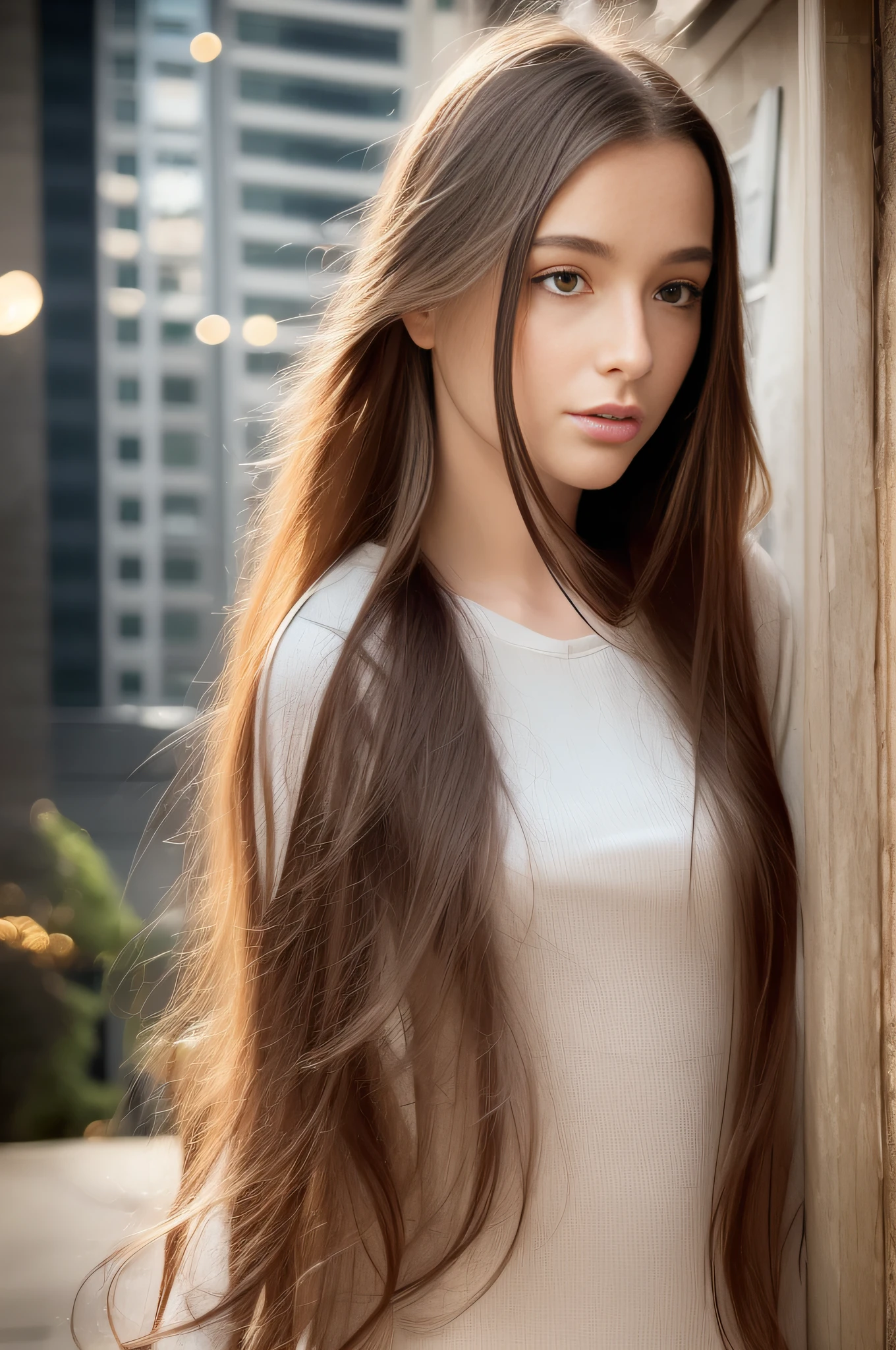 1 Full shot,girl, dasha, portrait photography, beautiful young woman with transparent western tunic dress,long_hair, realistic, eyes visible through hair, proper eye position, natural skin, backlight, cinematic light, rim light, soft light , hips, in night time, city side background, detailed color graded background, intricate , highly detail, octane render,HDR, HD, 8k, by Annie Leibovitz